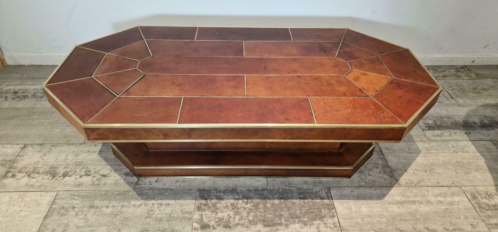 Large Full Leather Brown Coffee Table With Brass Details From, France photo furniture