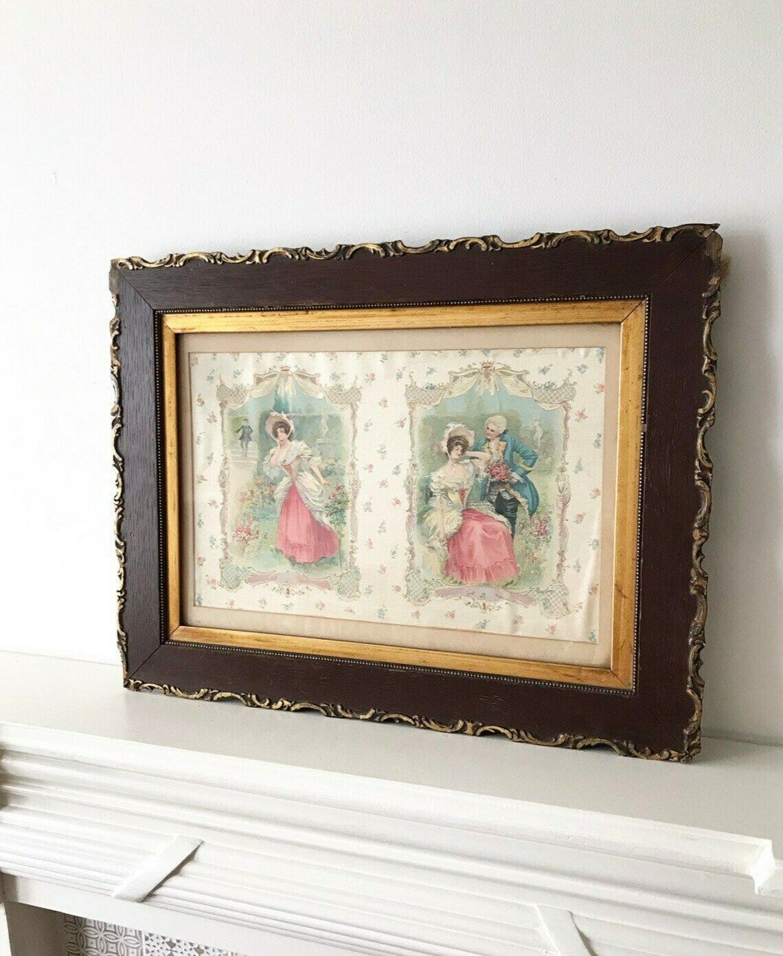 photo furniture Victorian Painted Framed Silk Crynoline Lady Couple Romance Wall Picture Bathroom Bedroom Antique