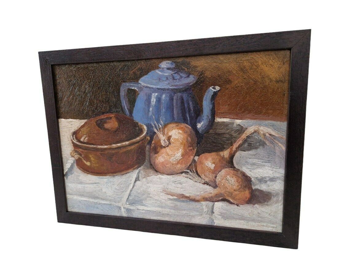 French Country Kitchen Still Life Painting With Onions Teapot And Casserole Dish photo Art