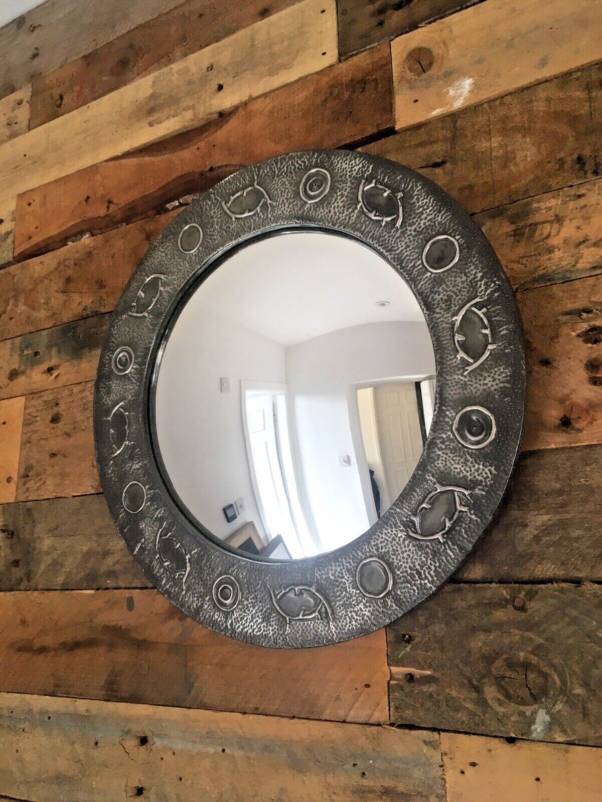 Antique Arts & Crafts Period Abstract Beaten Pewter Round Convex Wall Mirror