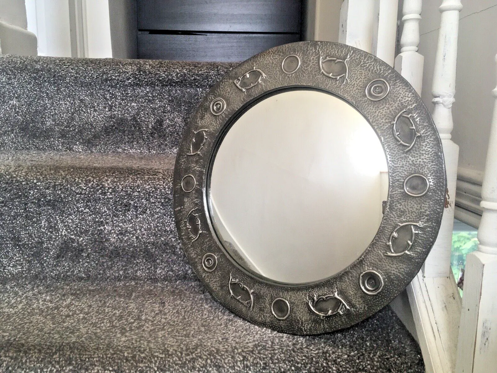 photo for sale Antique Arts & Crafts Period Abstract Beaten Pewter Round Convex Wall Mirror