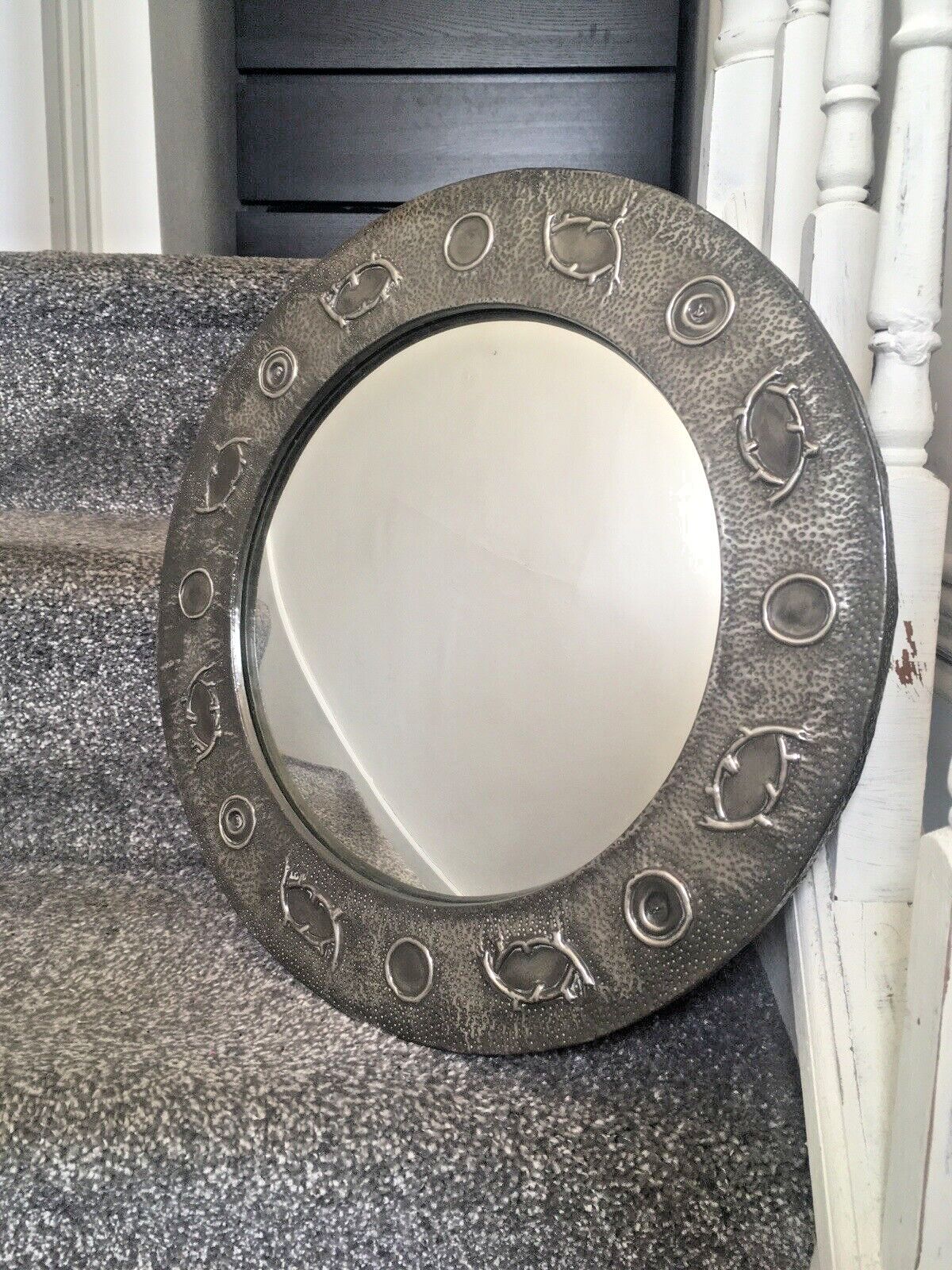 Home Decor Antique Arts & Crafts Period Abstract Beaten Pewter Round Convex Wall Mirror photo