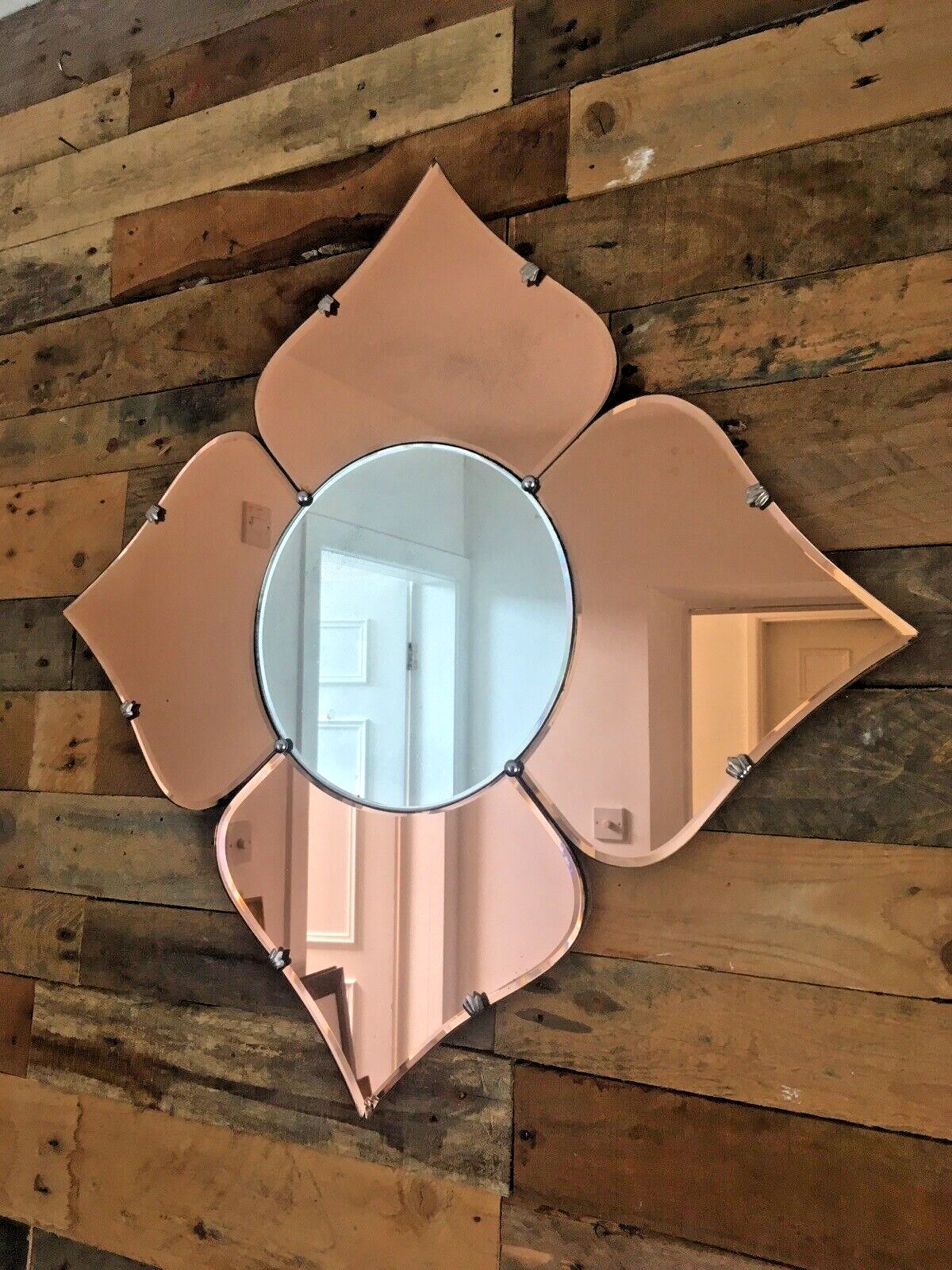 Huge 30" Beautiful 1930's Art Deco Flower Shaped Over Mantel Mirror Copper Peach