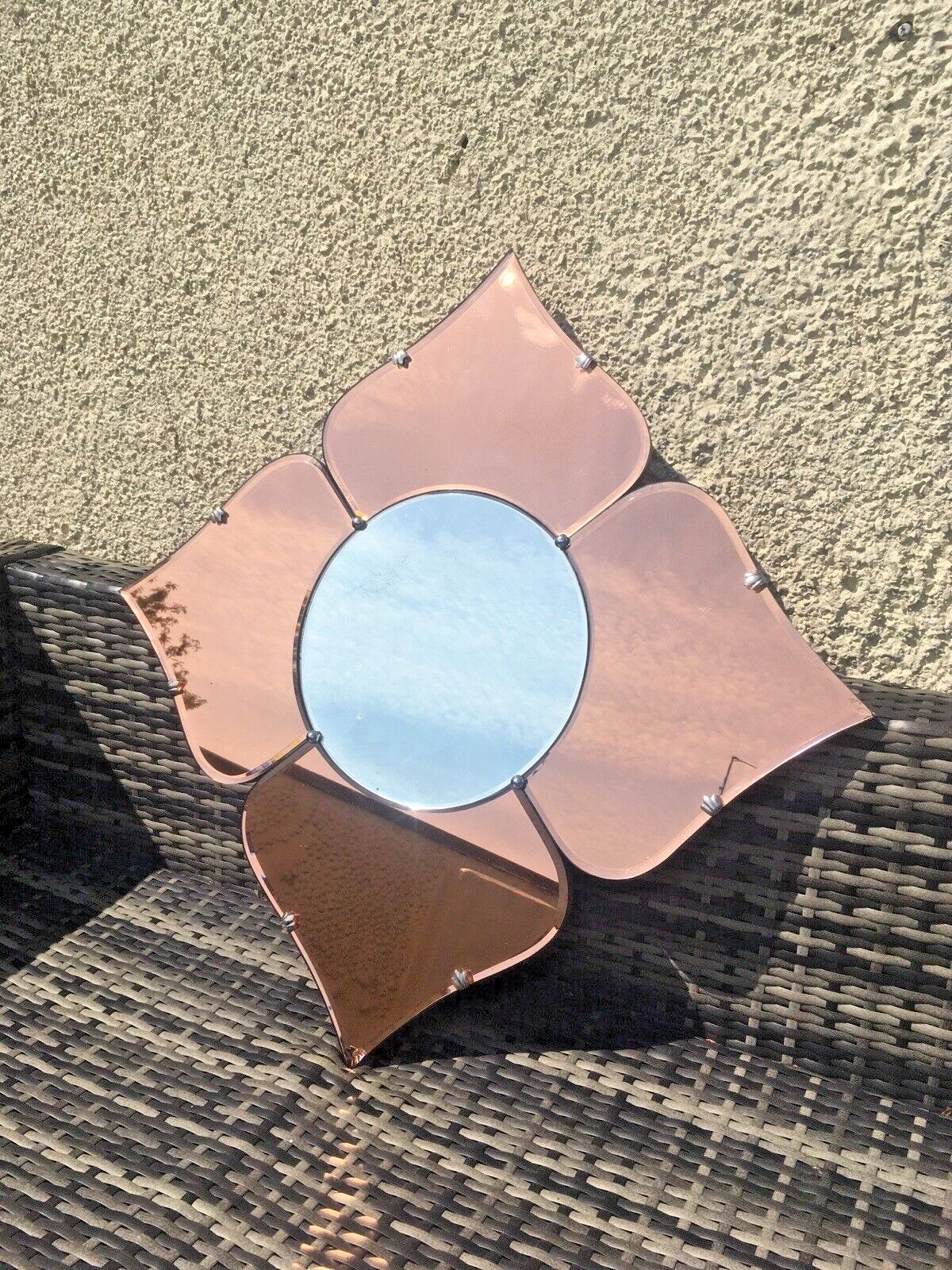 Huge 30" Beautiful 1930's Art Deco Flower Shaped Over Mantel Mirror Copper Peach photo vinterior