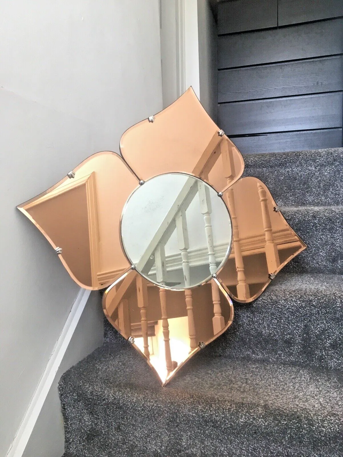 photo vinterior Huge 30" Beautiful 1930's Art Deco Flower Shaped Over Mantel Mirror Copper Peach