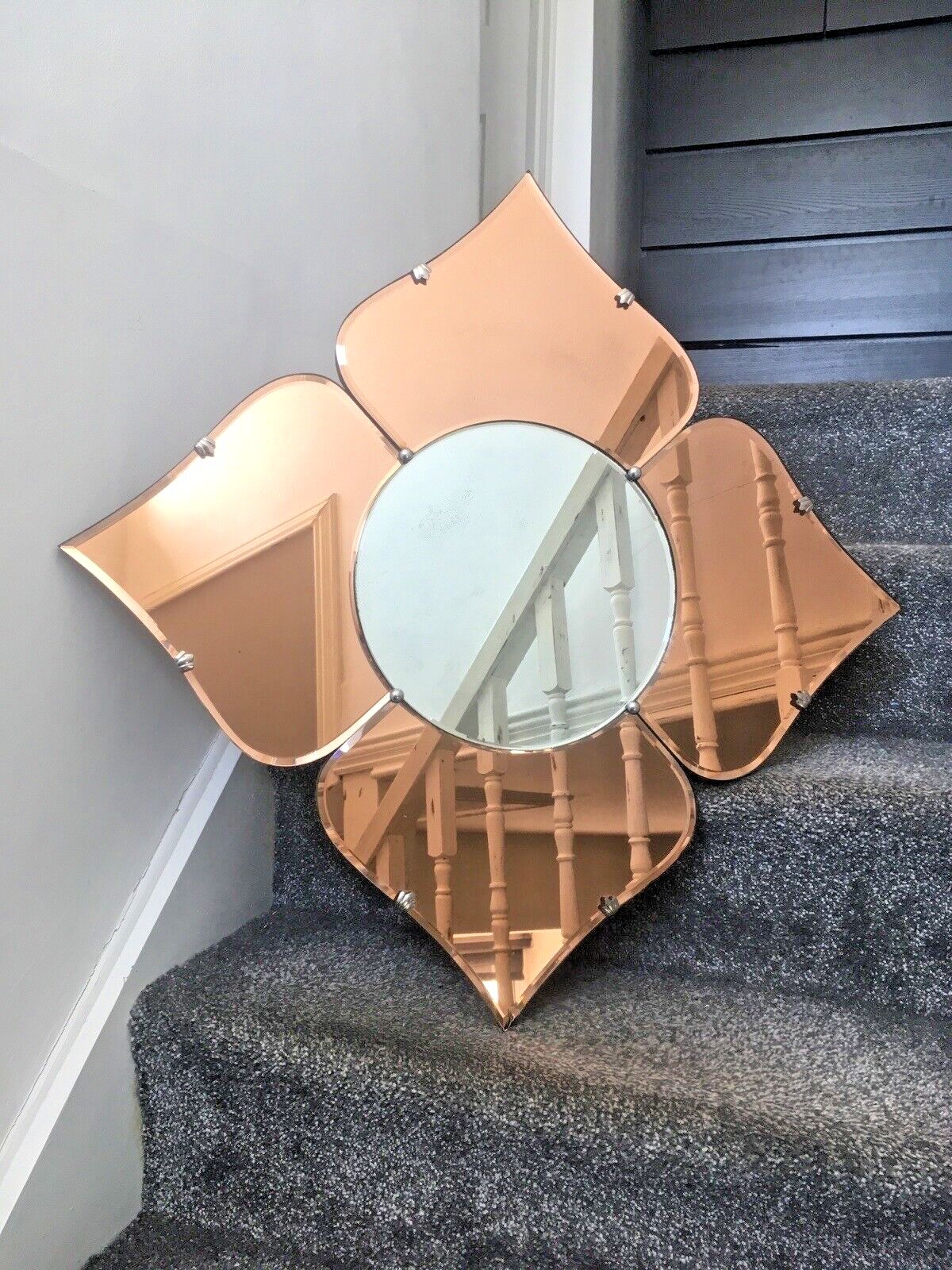 photo buy Huge 30" Beautiful 1930's Art Deco Flower Shaped Over Mantel Mirror Copper Peach