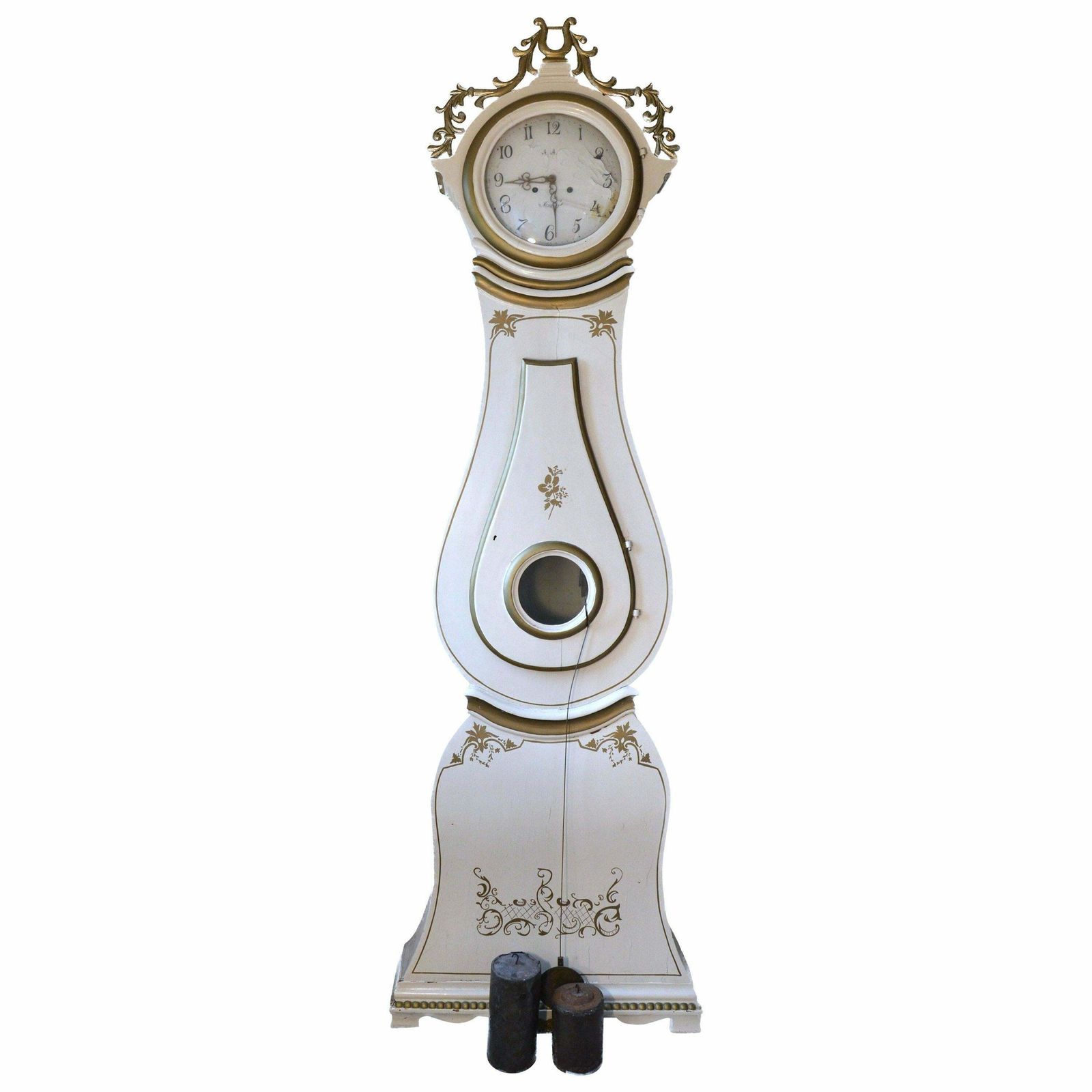 White Mora Clock Swedish Early 1800s Antique Gold Carved Crown