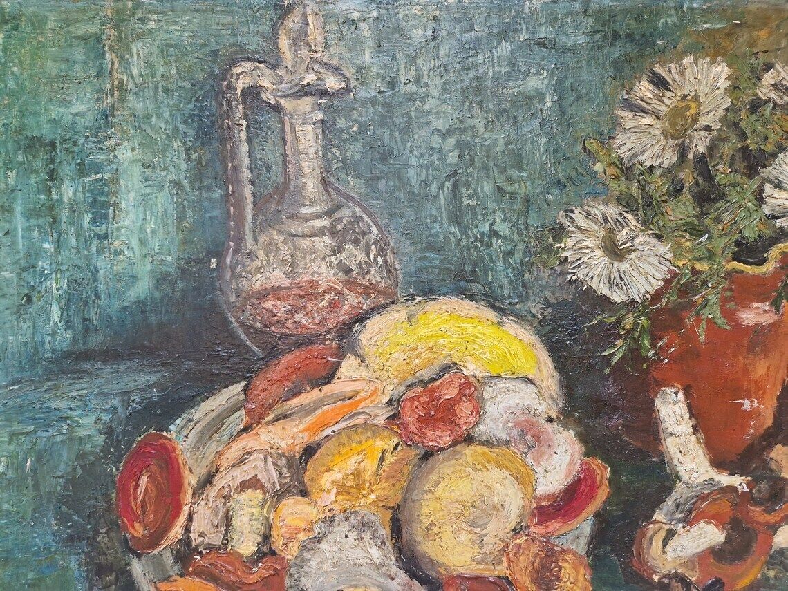 Mid Century Still Life Oil Painting With Mushrooms Port Wine And Flowers French Autumnal Fall Wall Art photo furniture
