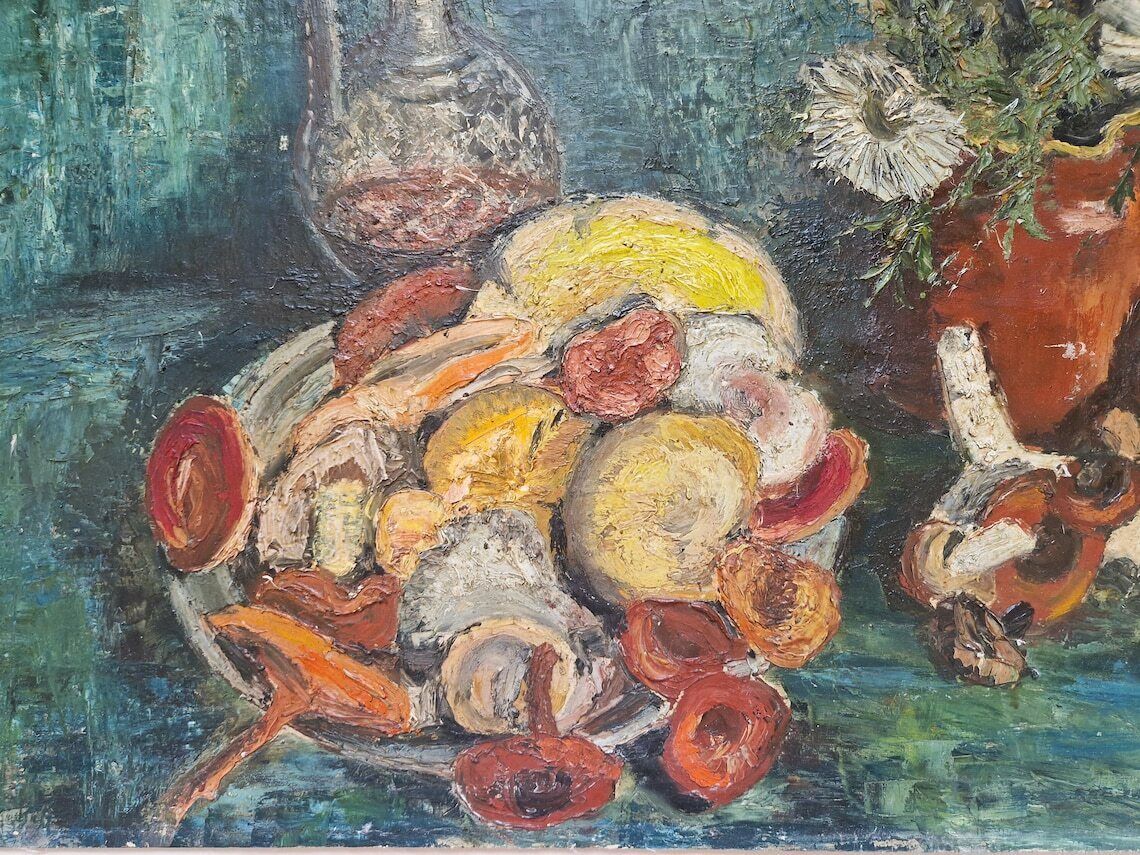 photo furniture Mid Century Still Life Oil Painting With Mushrooms Port Wine And Flowers French Autumnal Fall Wall Art
