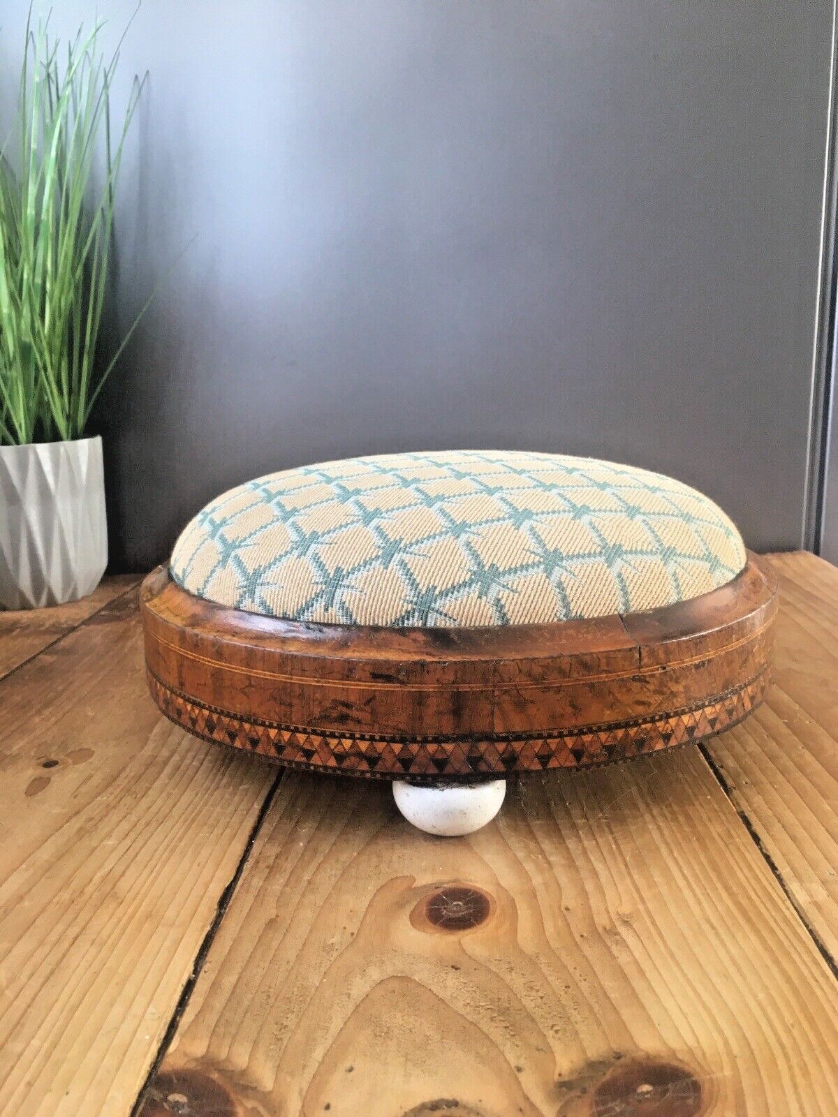 Antique Inlaid Diamond Tapestry Low Foot Stool Pouffe Old English Country House