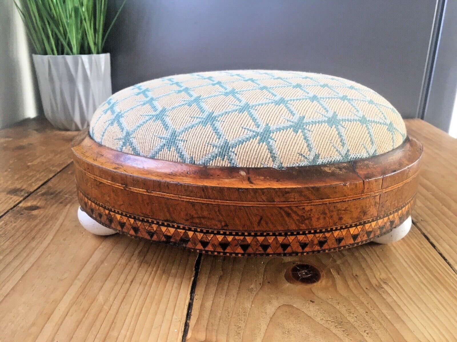 Antique Inlaid Diamond Tapestry Low Foot Stool Pouffe Old English Country House photo Furniture