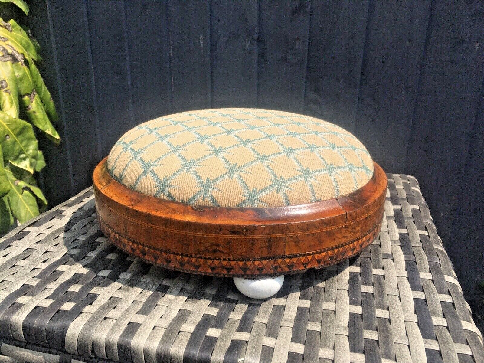 photo for sale Antique Inlaid Diamond Tapestry Low Foot Stool Pouffe Old English Country House