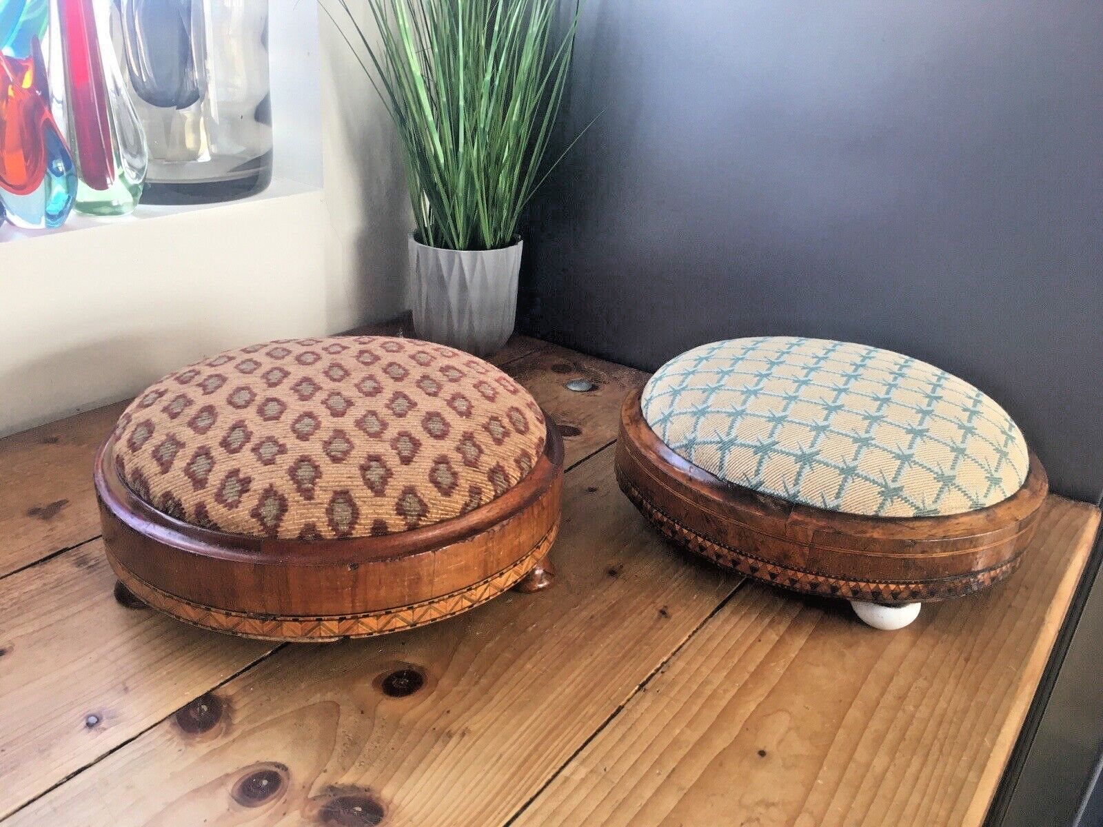 photo vinterior Antique Inlaid Diamond Tapestry Low Foot Stool Pouffe Old English Country House