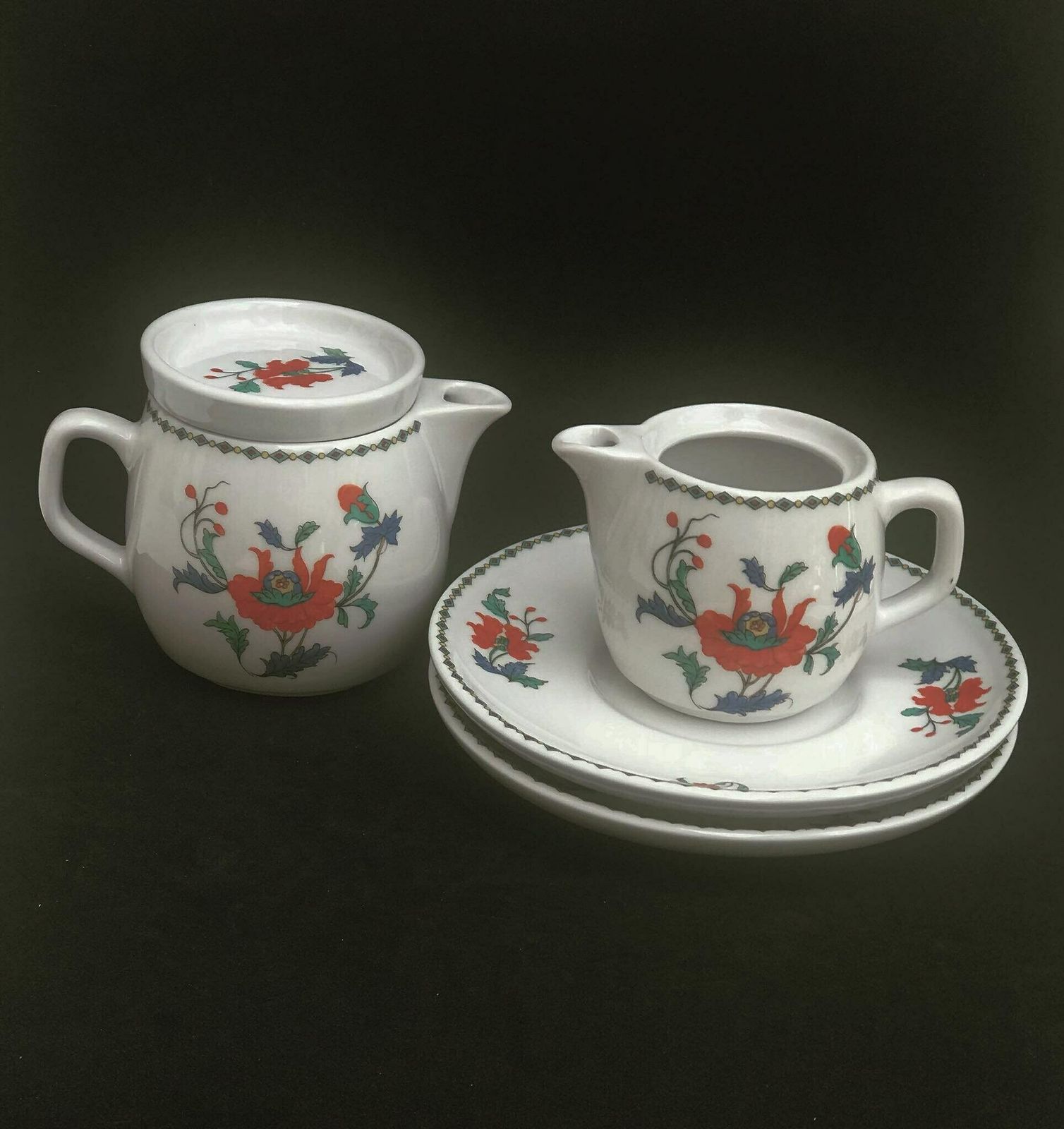 Individual Teapot, Creamer 2 Saucers Dish Pavot Pattern By Porcelaine De Paris, China Replacement Dish, Dish Discontinued Tea Table Decor