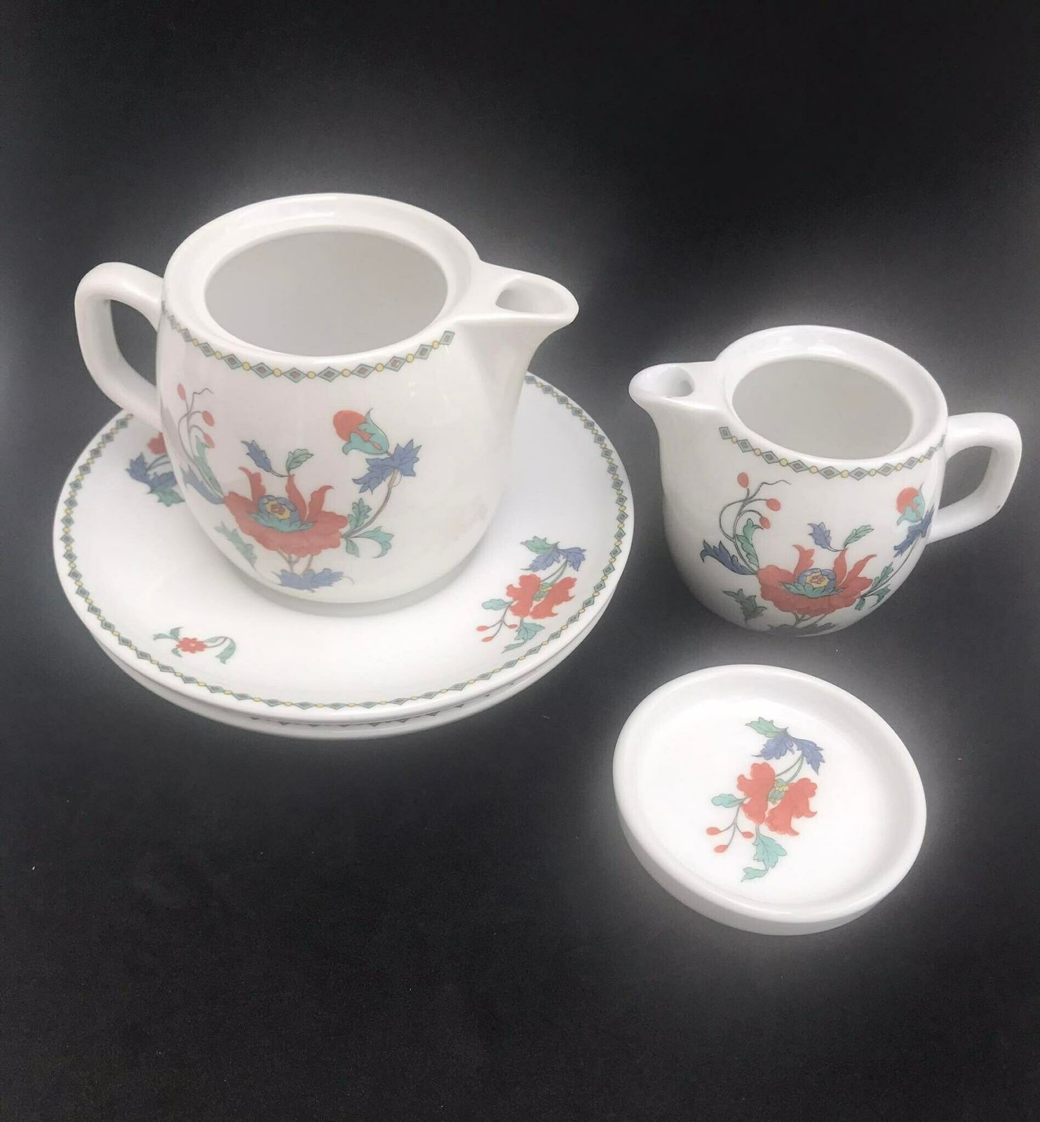 photo furniture Individual Teapot, Creamer 2 Saucers Dish Pavot Pattern By Porcelaine De Paris, China Replacement Dish, Dish Discontinued Tea Table Decor