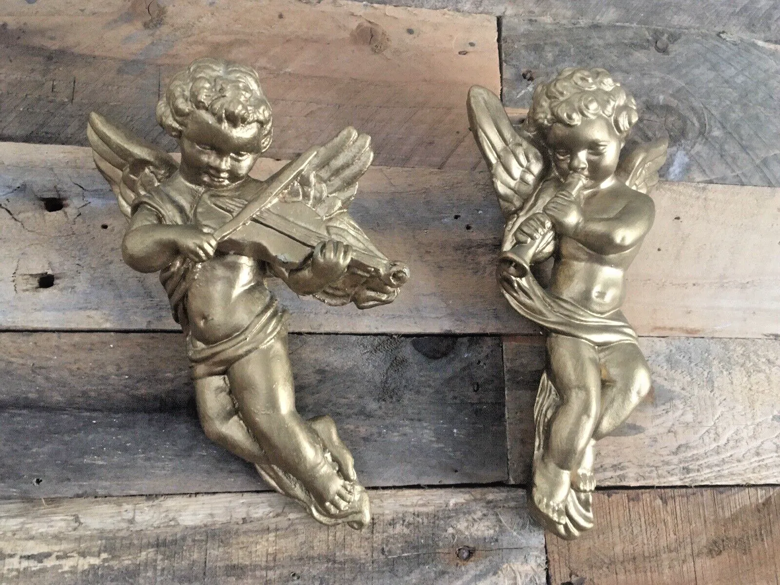 Pair Of Gold Chalkware Plaster Neoclassical Cupid Angels Cherubs Playing Music