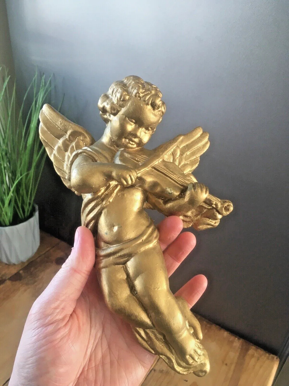 Pair Of Gold Chalkware Plaster Neoclassical Cupid Angels Cherubs Playing Music photo 50.0