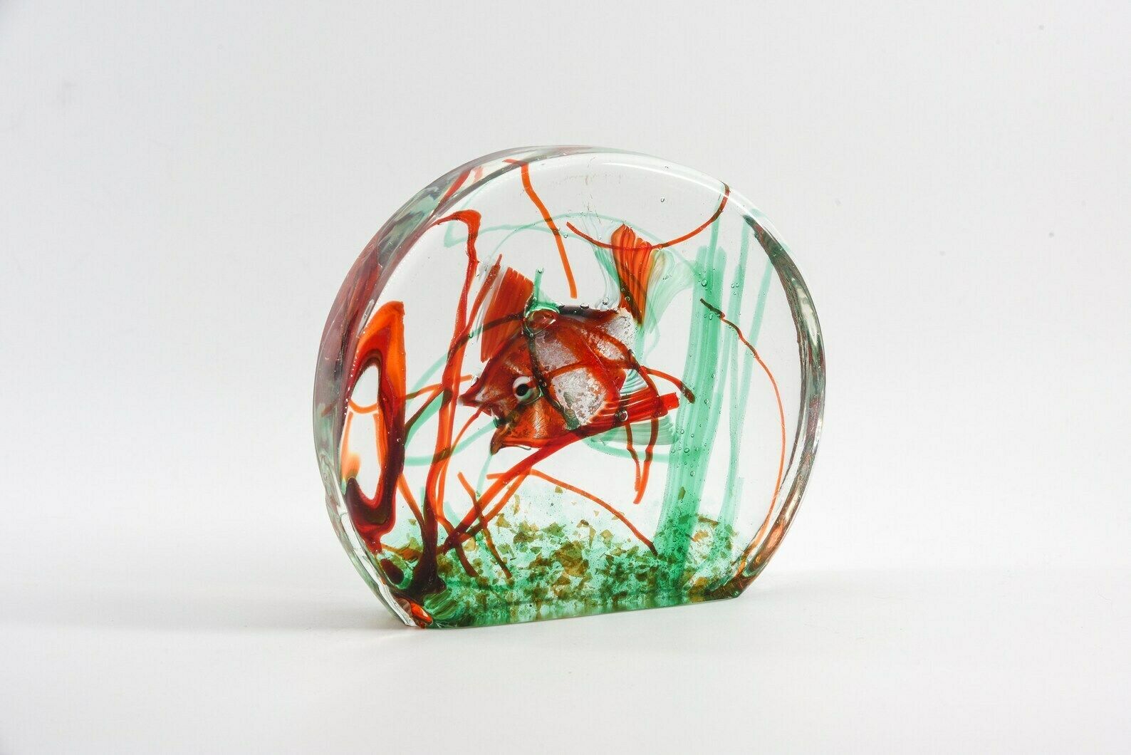 Murano Glass Aquarium With Silver Leaf, Large Glass Sculpture, Glass Aquarium Block With Rounded Sides Cedenese Style