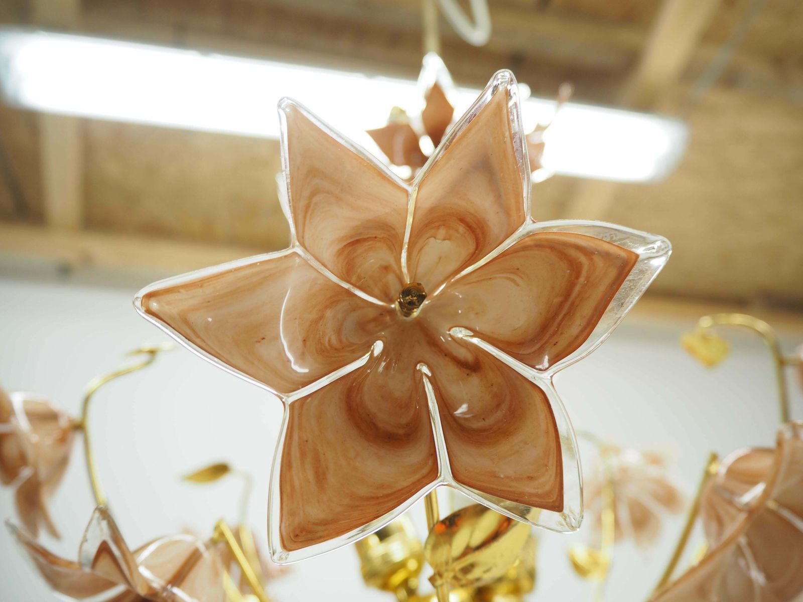 Midcentury Flowers Chandelier, Glass And Brass, 1960s photo vintage