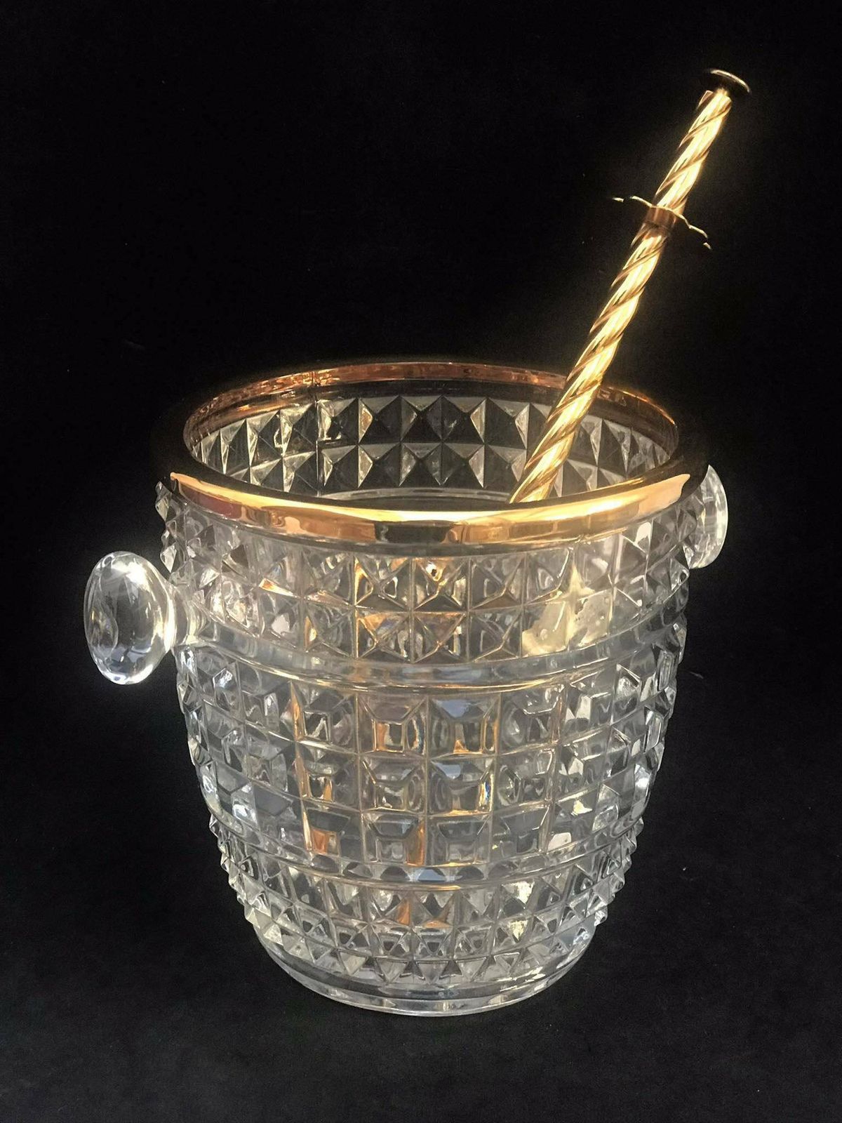 Ice Bucket Heavy Molded Glass With Tongs And Handles Mid Century Austrian Glass Art Oberglas Bar Cart Styling Retro Bar Accessories, Mcm photo vintage