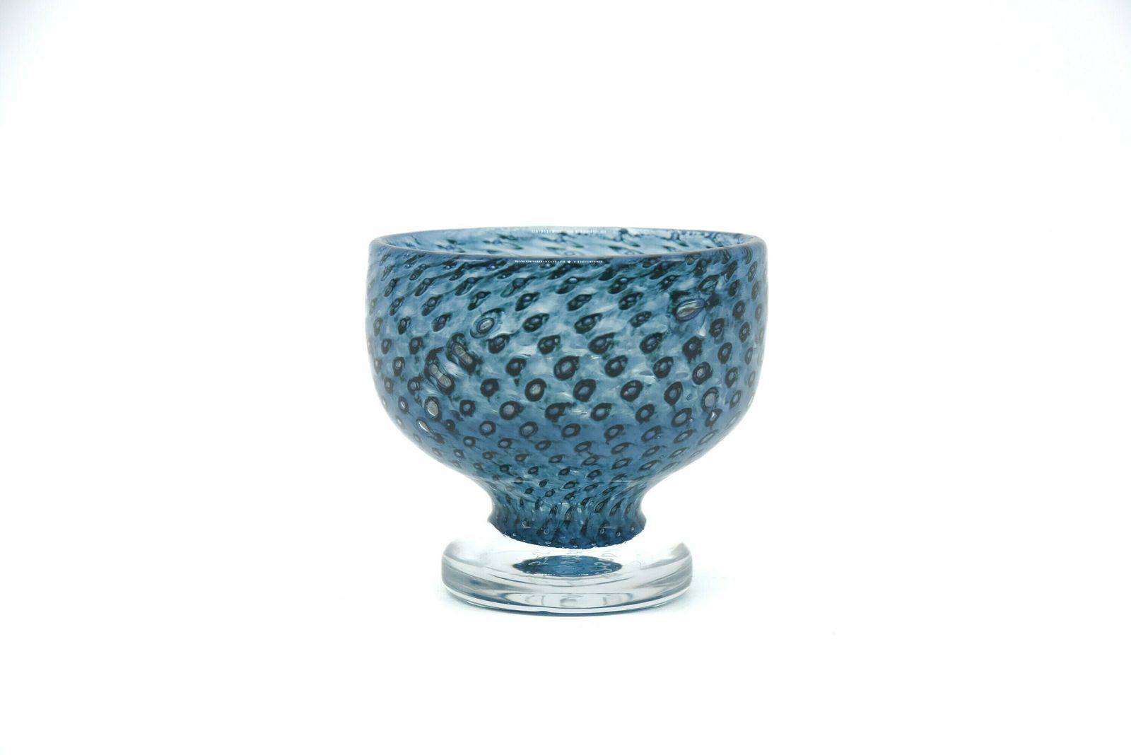 Bertil Vallien For Boda Glass Cirrus Design Blue Glass Bowl | Footed Mid Century Blue Glass Footed Dish
