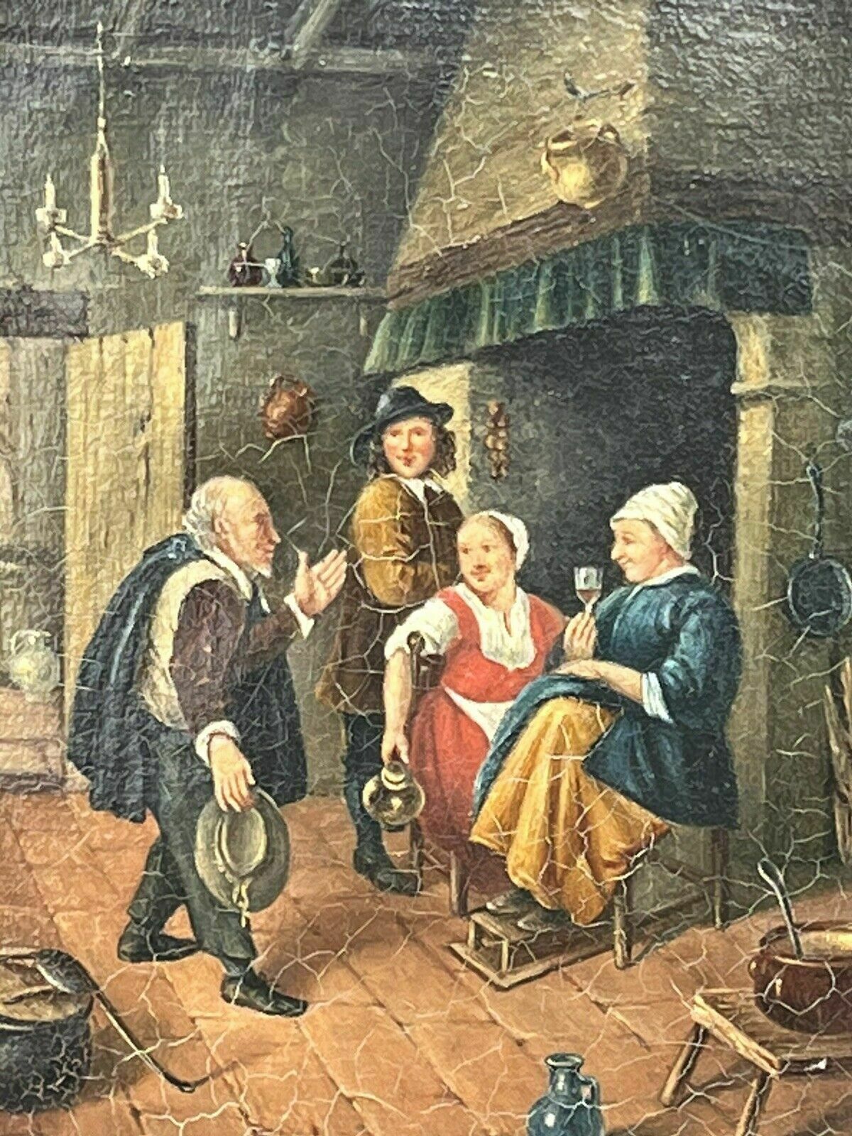Tavern Or Inn Scene. Oil On Canvas In Gold Gilt Frame. photo Art