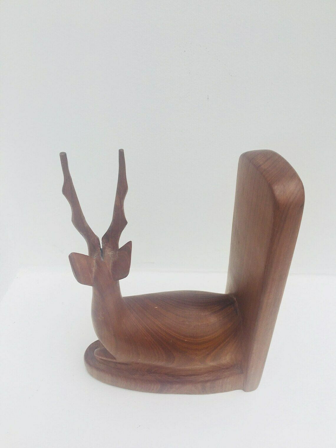 photo buy Wooden Deer Bookend Hand Carved Antelope Wood Bookend Solid Walnut Large Figurine Mid Century Book Holder Office Decor Gift For Him Desk