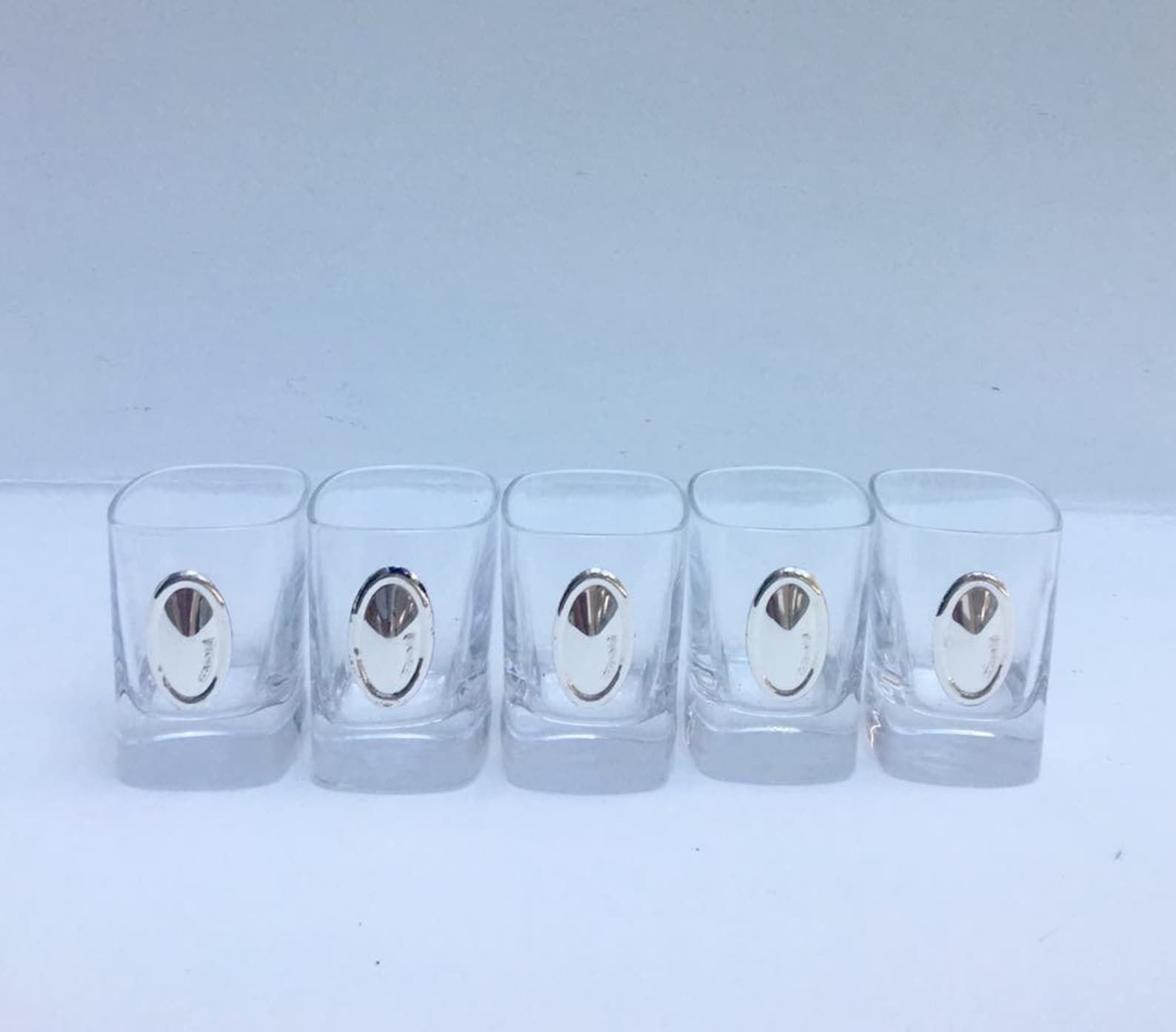 photo for sale Shot Glasses With Silver Medallions , 5 Vodka Shots Glasses Square Glasses , Silver 925 Medallions Ready To Be Engraved Luxury Glassware