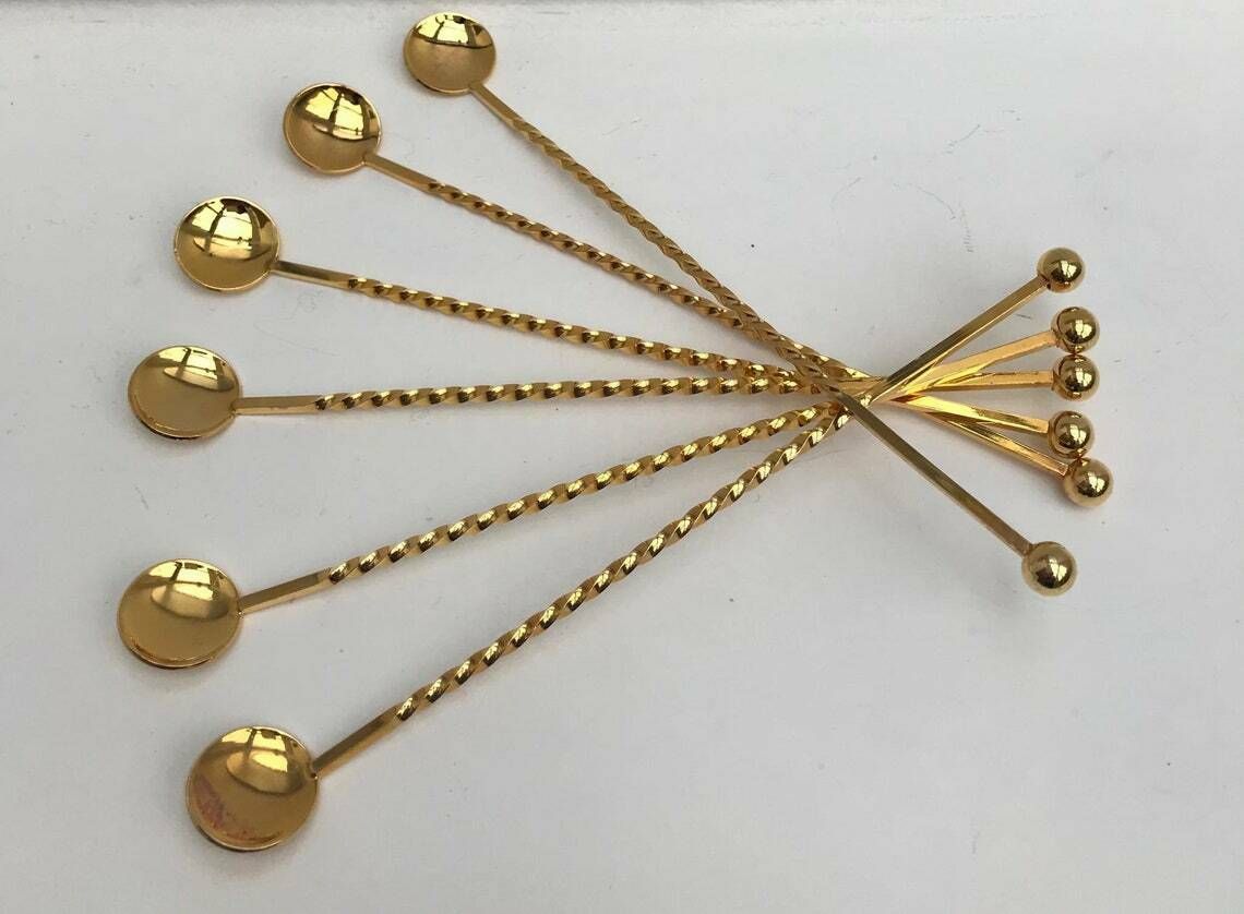 Drink Stirrers Cocktail Champagne Stirrers Whisks Sticks Set Of 6 Gold Plated Spoons Bar Tools Bar Cart Accessories Bartender Mixology photo for sale