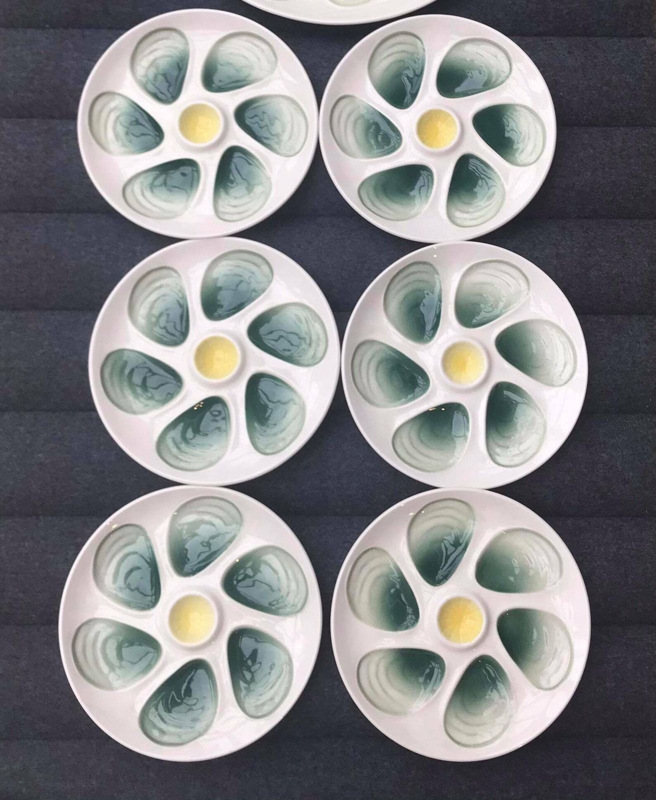 6 French Oyster Plate Green Vintage Oysters Platter 1950 Plate Oysters, Dish Oysters, Shellfish, Seafood, Ceramics France, French Pottery photo for sale