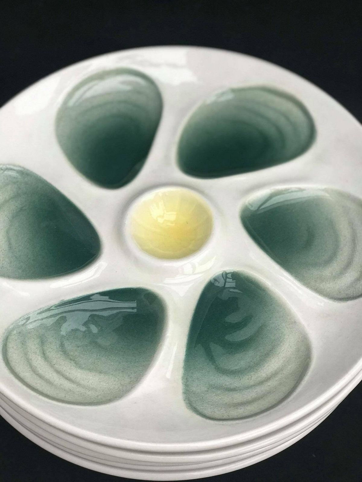 6 French Oyster Plate Green Vintage Oysters Platter 1950 Plate Oysters, Dish Oysters, Shellfish, Seafood, Ceramics France, French Pottery photo Home Decor