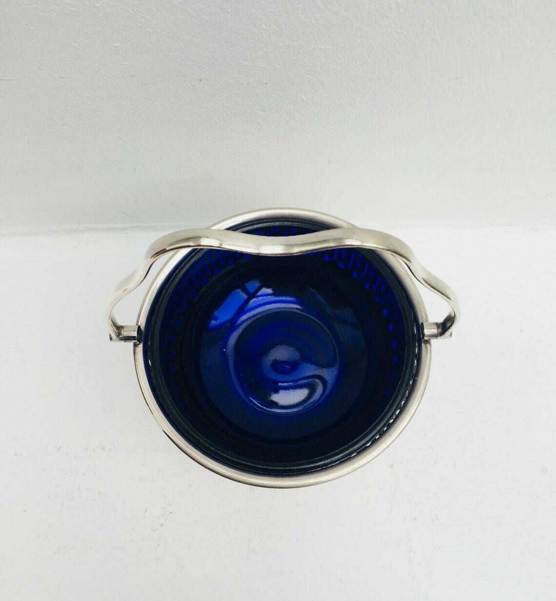 Sugar Bowl Pedestal Bon Bon Dish Falstaff Silver Plated England Cobalt Blue Liner With Handle, Blue Glass Liner Sweets, Olives, Nuts 1940s photo 88.0