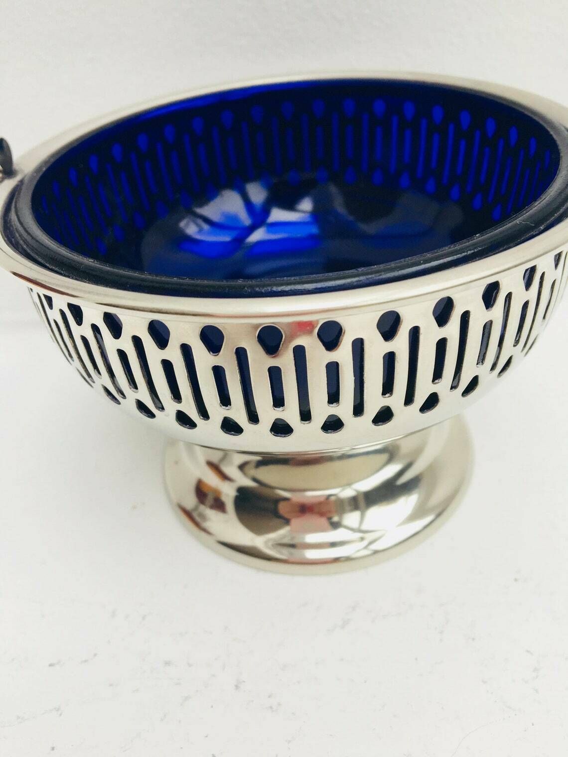 Sugar Bowl Pedestal Bon Bon Dish Falstaff Silver Plated England Cobalt Blue Liner With Handle, Blue Glass Liner Sweets, Olives, Nuts 1940s photo vinterior