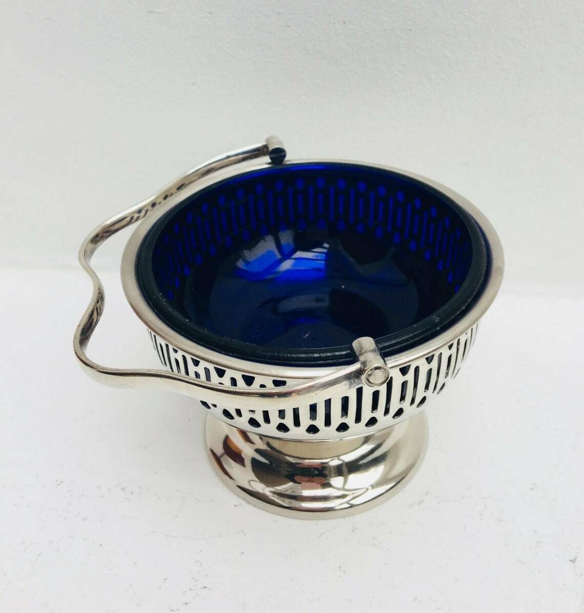 photo furniture Sugar Bowl Pedestal Bon Bon Dish Falstaff Silver Plated England Cobalt Blue Liner With Handle, Blue Glass Liner Sweets, Olives, Nuts 1940s