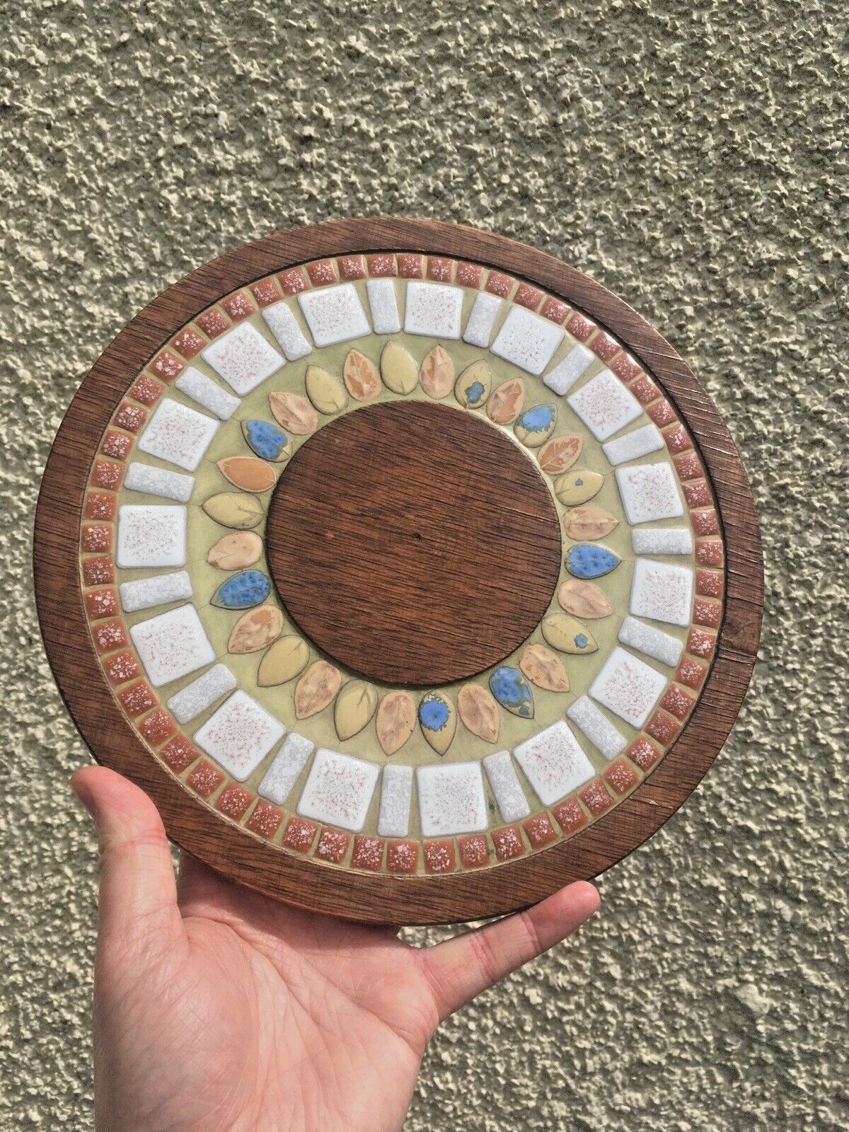 Vintage Wood & Tile Scandi Mandala Mosaic Farmhouse Trivet Chopping Board 60's photo vintage