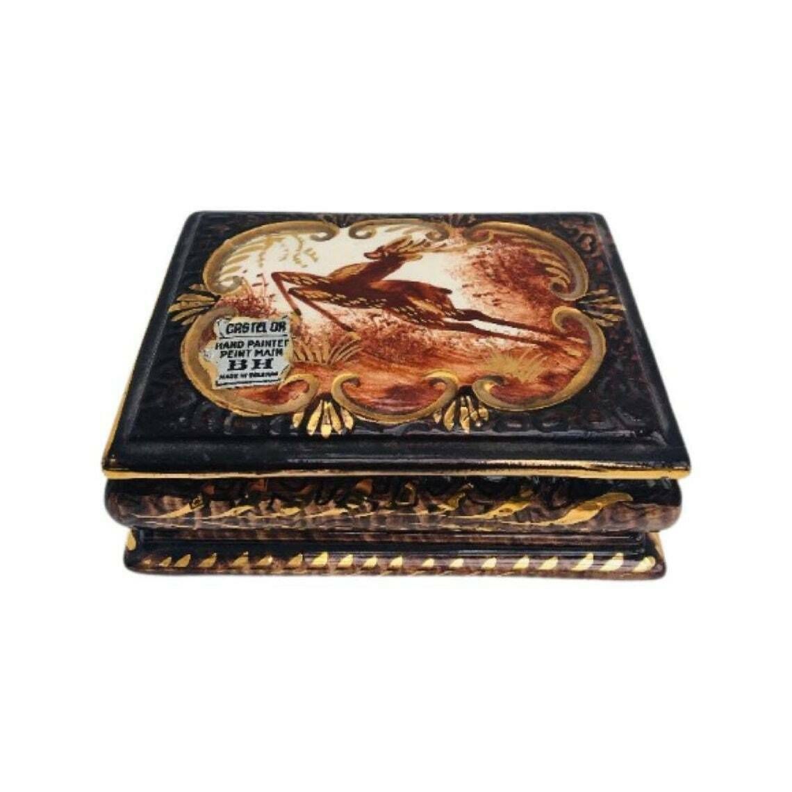 Ceramic Box Vintage Belgian Majolica Ceramic Lidded Deer Trinket Box Henri Bequet Quaregnon Belgium Ceramic Trinket Jewelry Golden Box 1940s