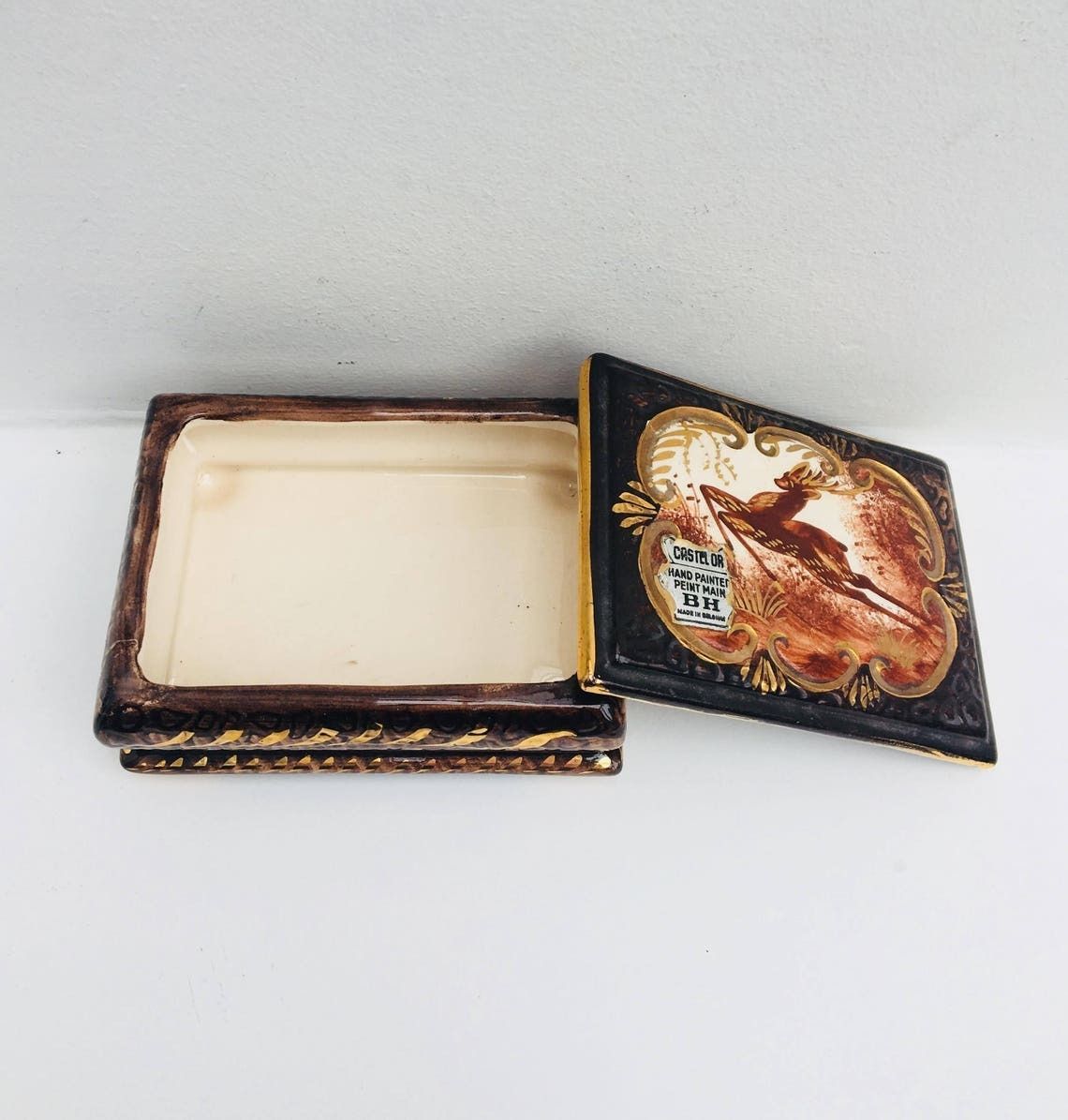 Ceramic Box Vintage Belgian Majolica Ceramic Lidded Deer Trinket Box Henri Bequet Quaregnon Belgium Ceramic Trinket Jewelry Golden Box 1940s photo for sale