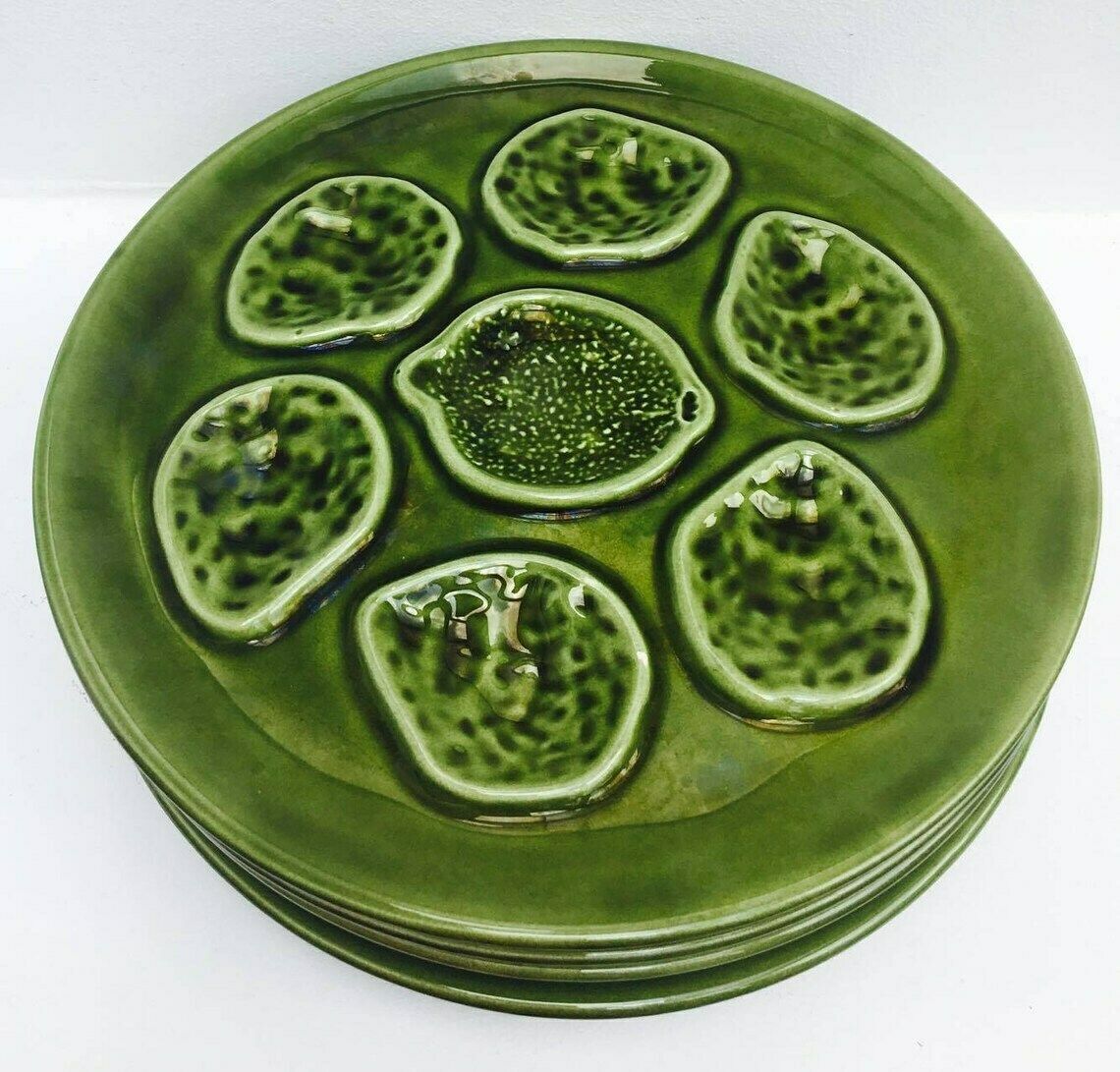 9 Vintage Green Oyster Plates, Niderviller Faience 50s, Oyster Plate, Oyster Dish, Collector Oyster Collection Wedding Gift Mid Century photo Home Decor