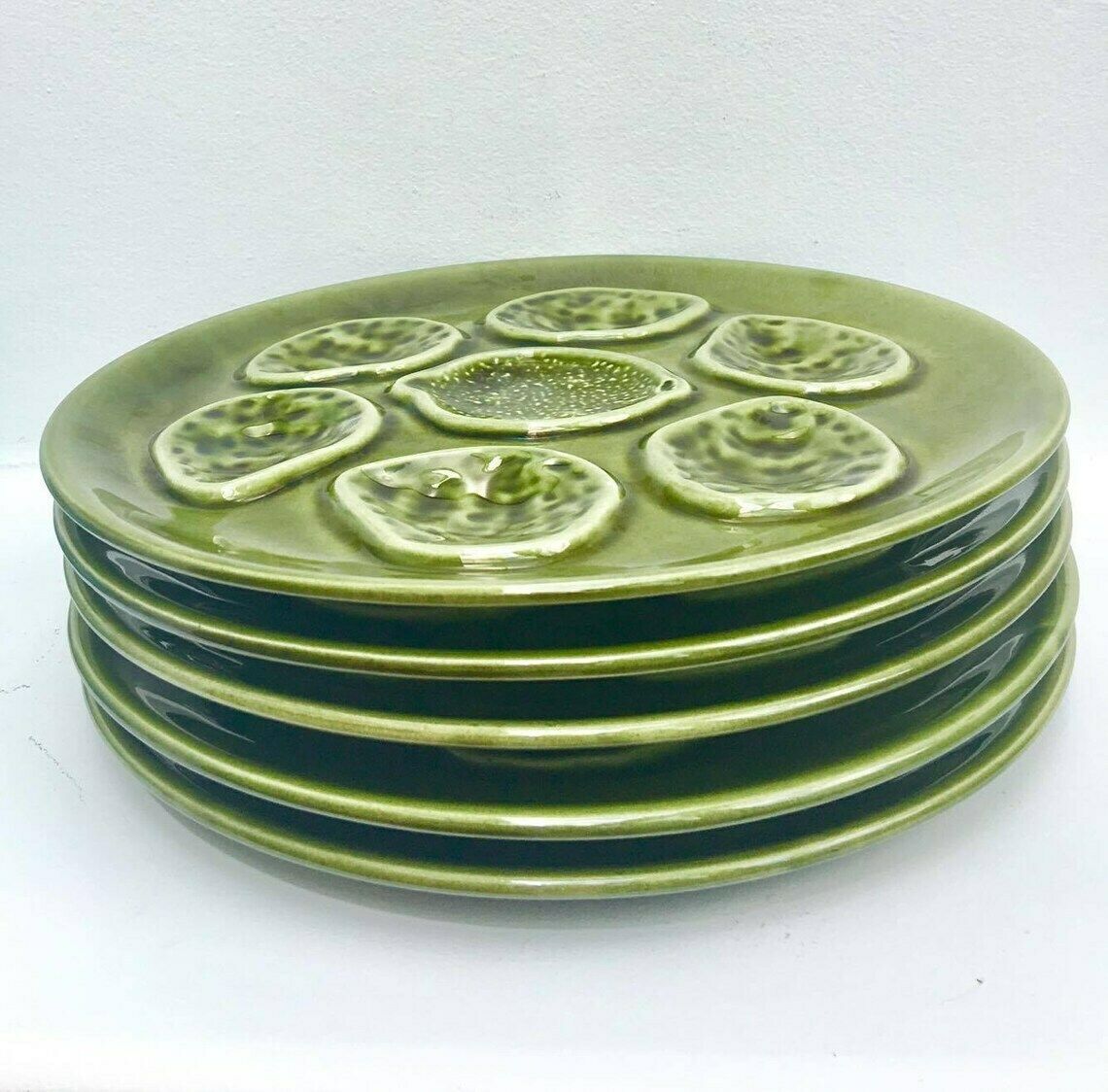 9 Vintage Groene Oesterplaten, Niderviller Faience Jaren 1950, Oesterplaat, Oesterschaal, Verzamelaarsset Mid Century photo buy