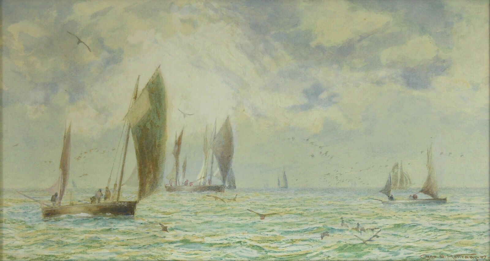 Watercolour By Charles Sim Mottram. Cornish Fishing Boats photo furniture
