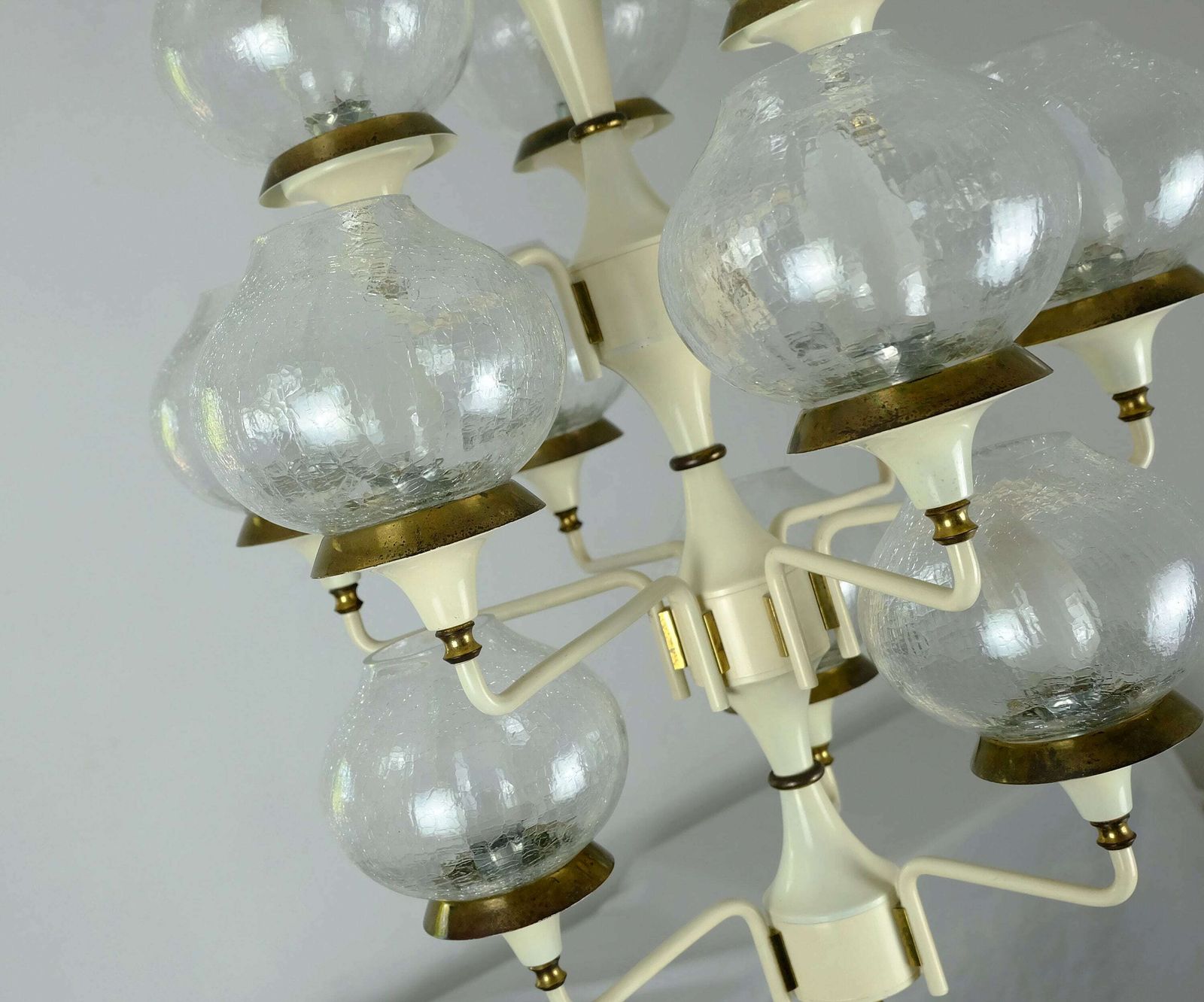 Fantastic 1960s Mid Century Chandelier Metal Brass 12 Crackle Glass Shades photo for sale