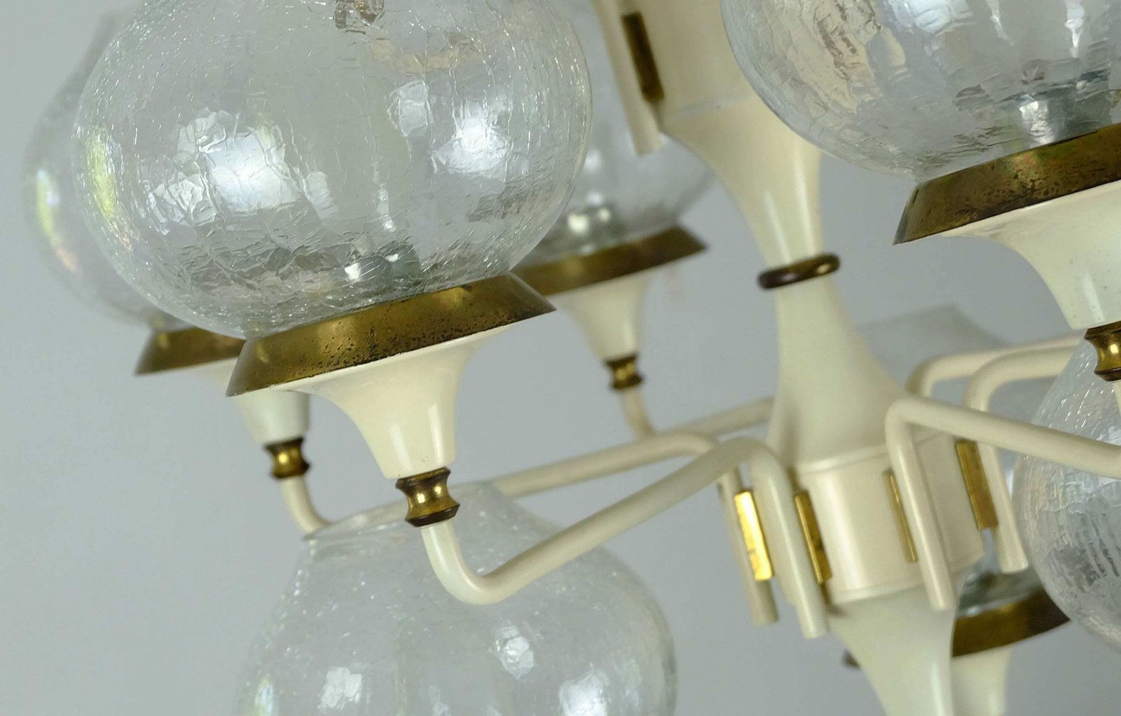 Fantastic 1960s Mid Century Chandelier Metal Brass 12 Crackle Glass Shades photo vintage