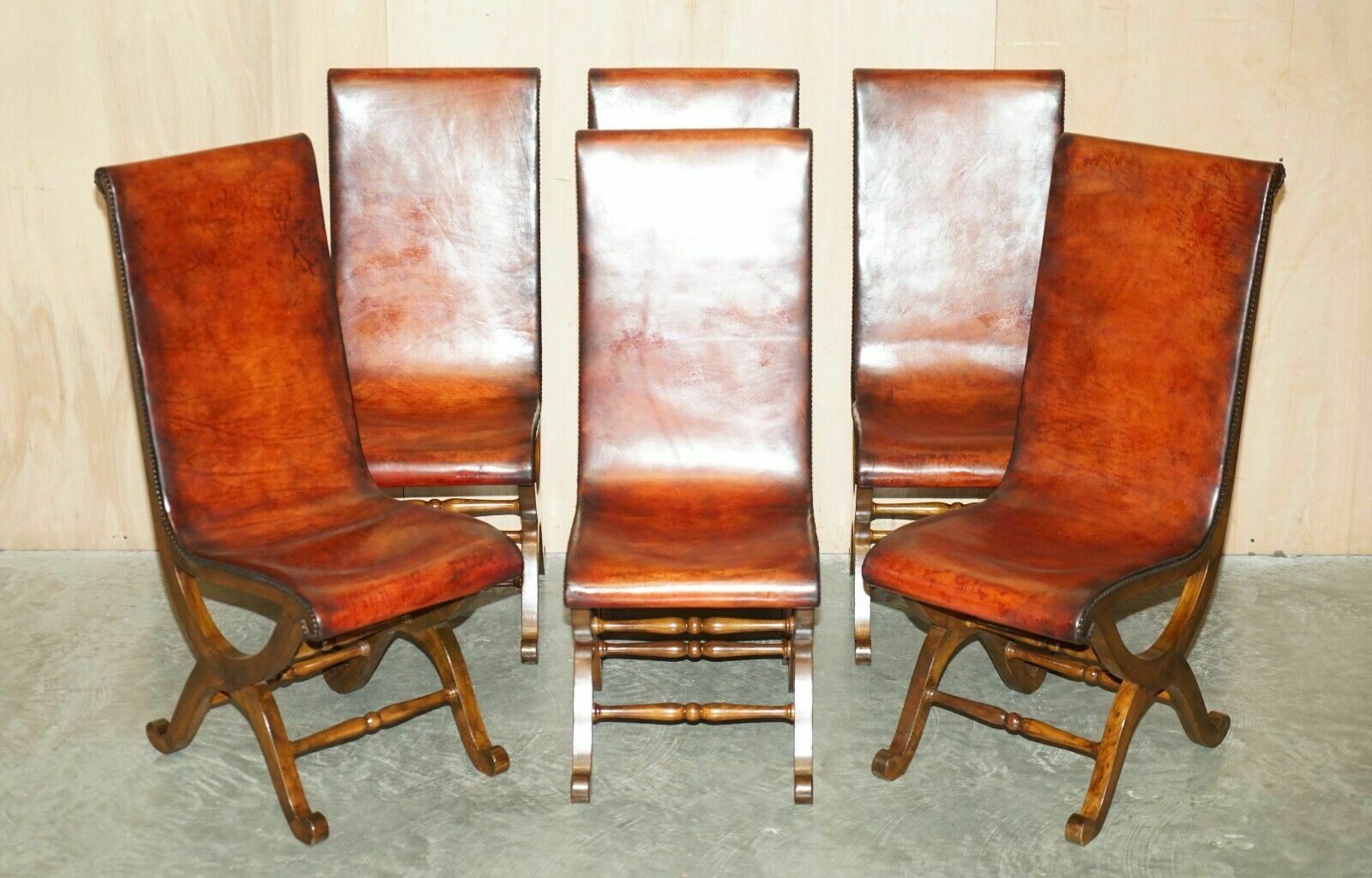 Six Restored Brown Leather And Oak Spanish Pierre Lottier Alamazan Dining Chairs 6 photo furniture