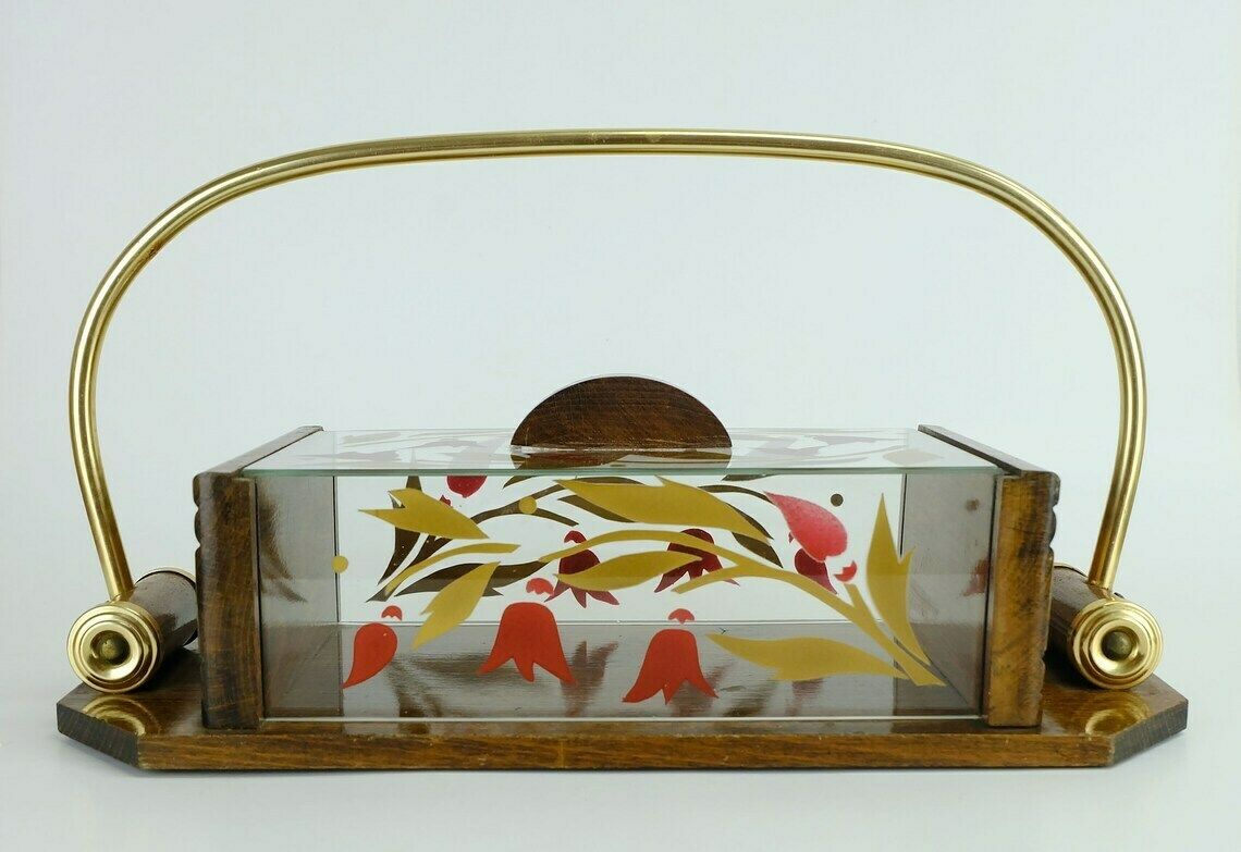 Beautiful 1930s French Art Déco Cookie Jar. Wood Glass Brass photo buy