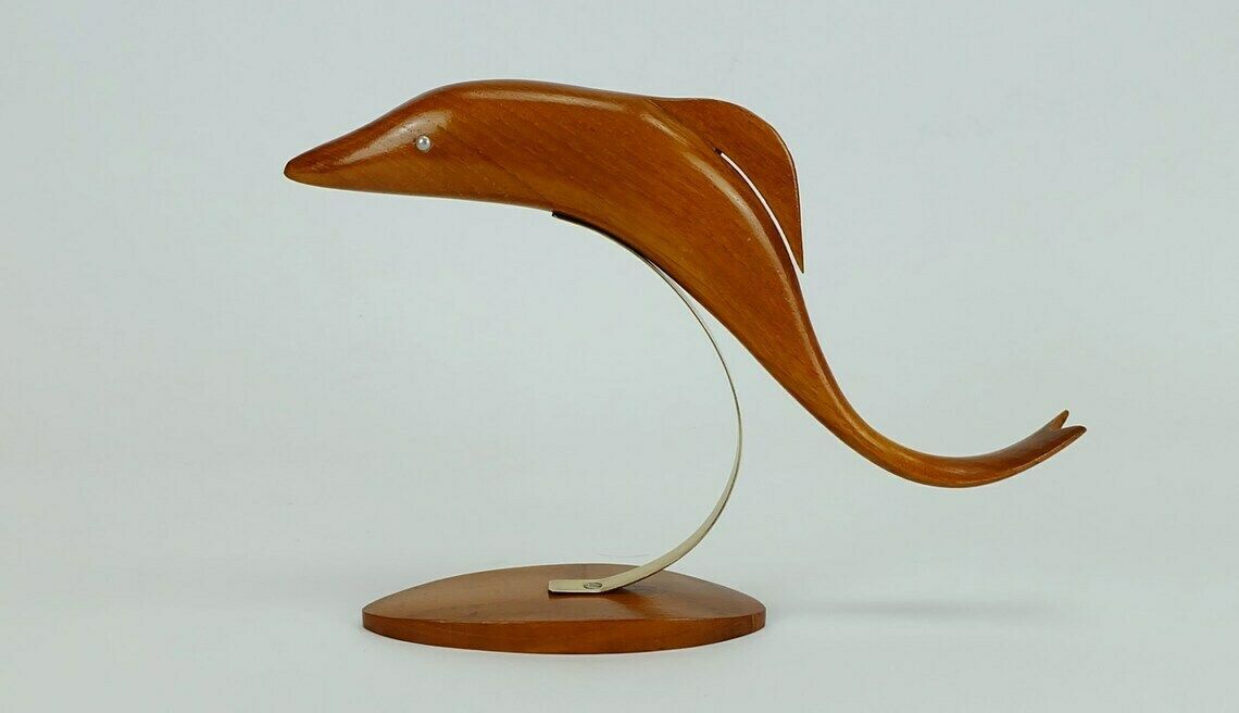 Beautiful Elegant Mid Century Wood Figurine Fish Dolphin Cherrywood Brass 1950s Deco photo for sale