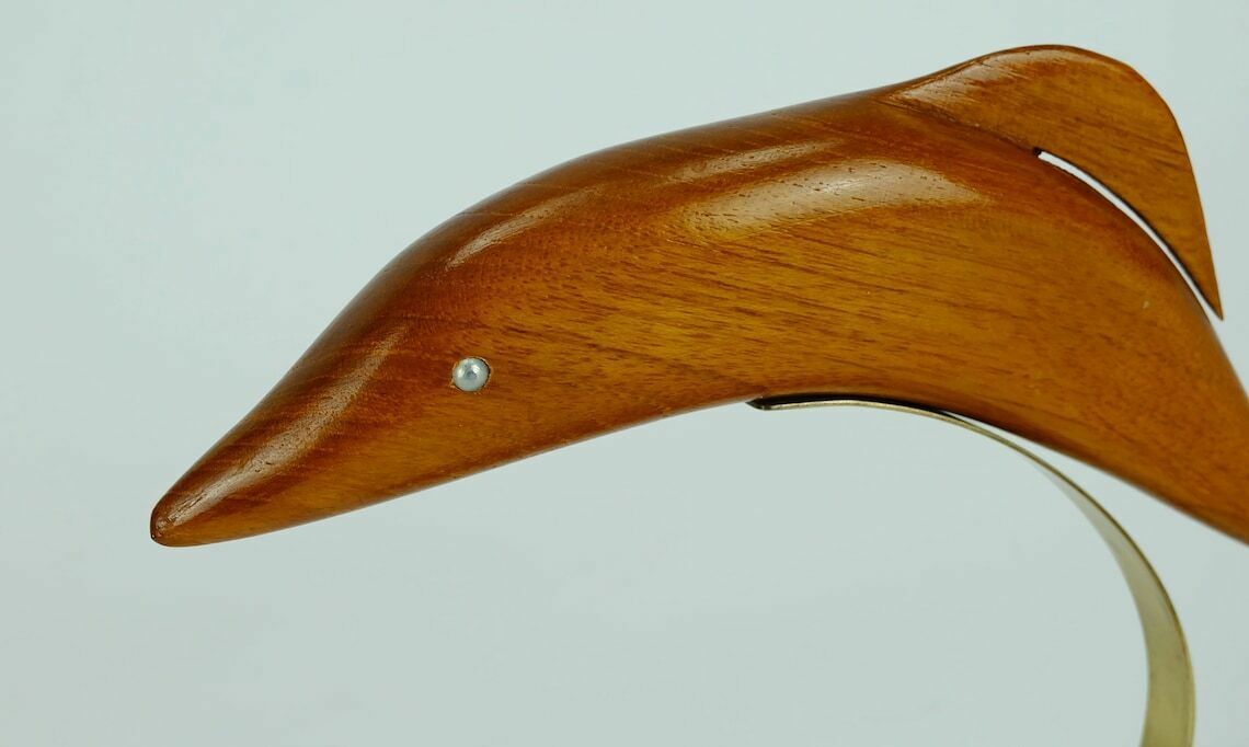Beautiful Elegant Mid Century Wood Figurine Fish Dolphin Cherrywood Brass 1950s Deco photo Home Decor
