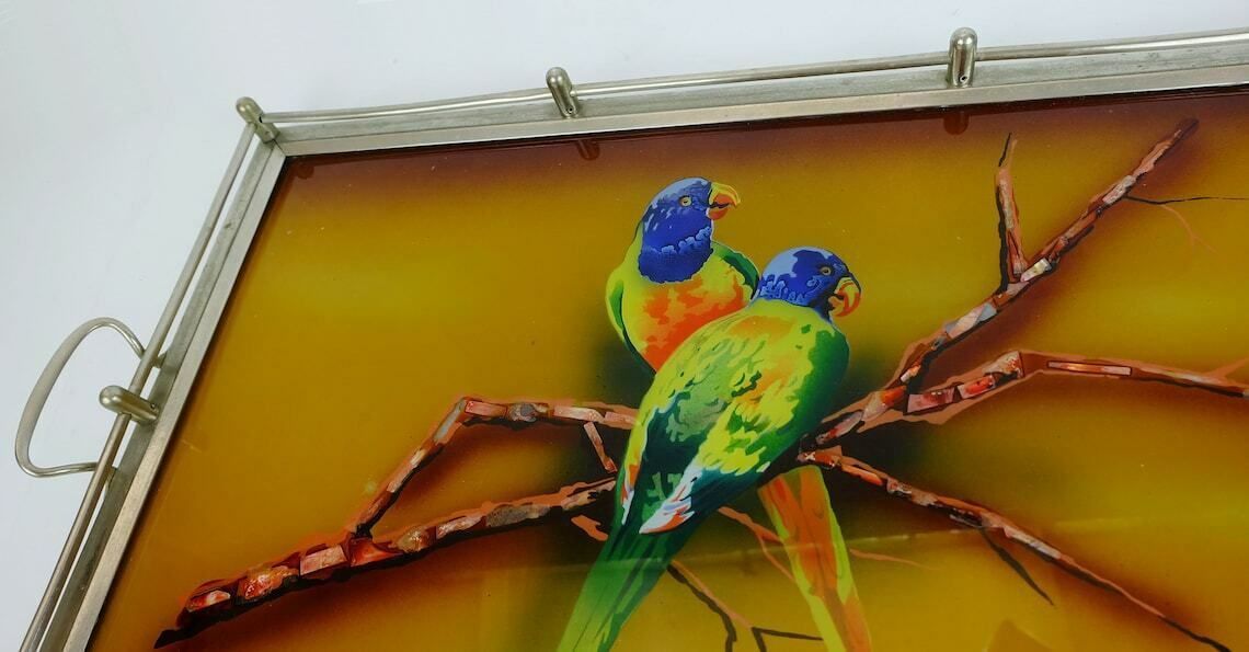 Very Beautiful Large Art Déco Tray  Glass Metal Parrot Motif 1920s 30s photo for sale
