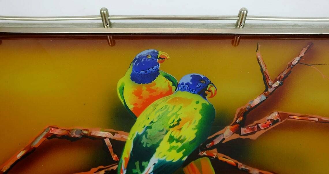 Very Beautiful Large Art Déco Tray  Glass Metal Parrot Motif 1920s 30s photo vintage