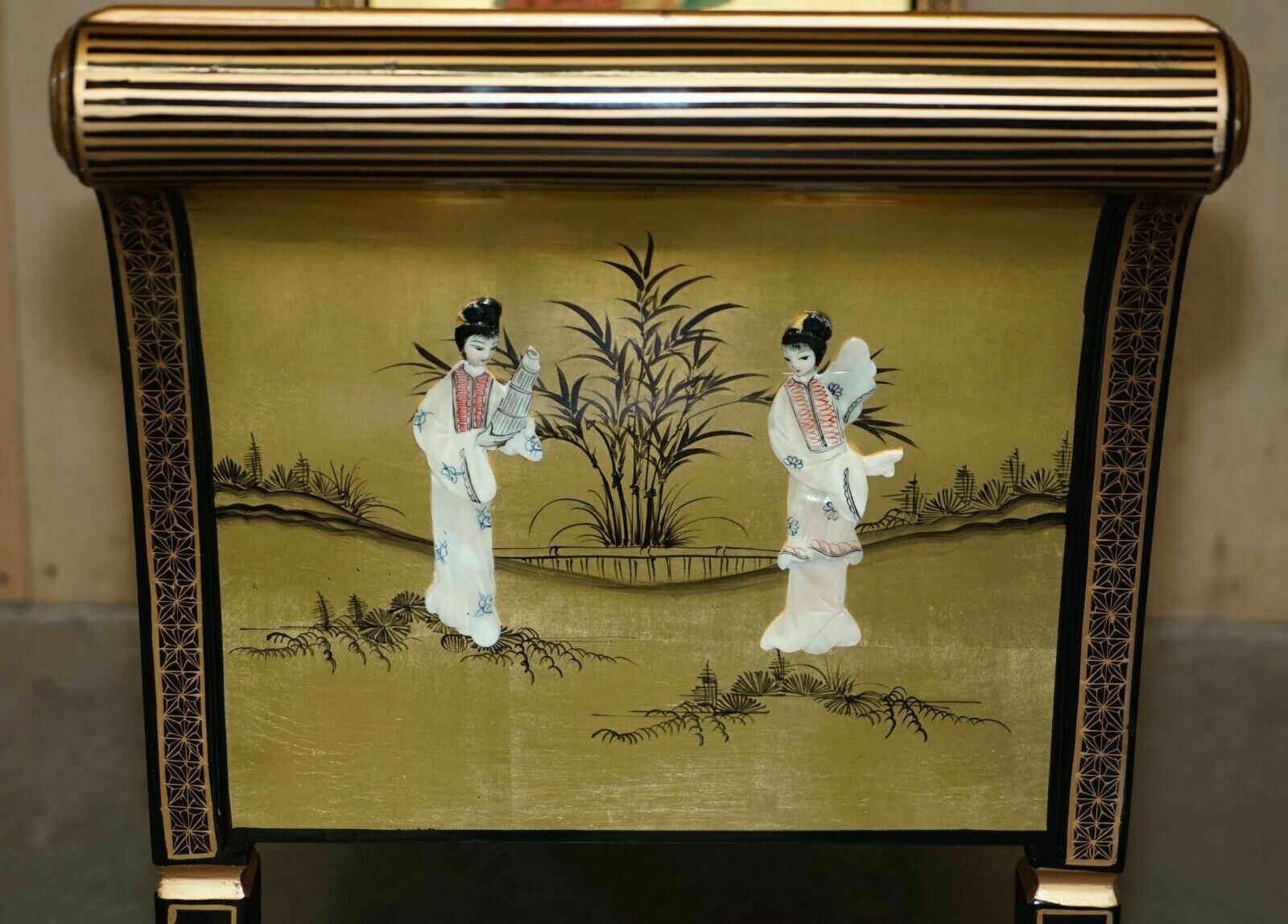 photo vinterior Antique Mother Of Pearl Soapstone Geisha Girl Carved Chinese Chinoiserie Bench