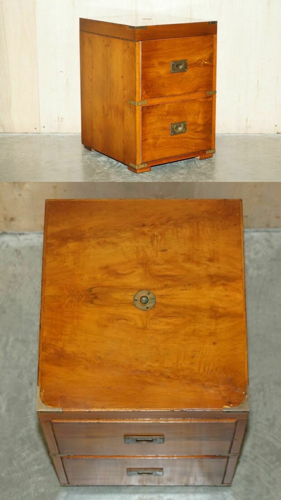 Burr Yew & Elm Wood Military Campaign Drinks Cabinet Hidden Inside A Side Table